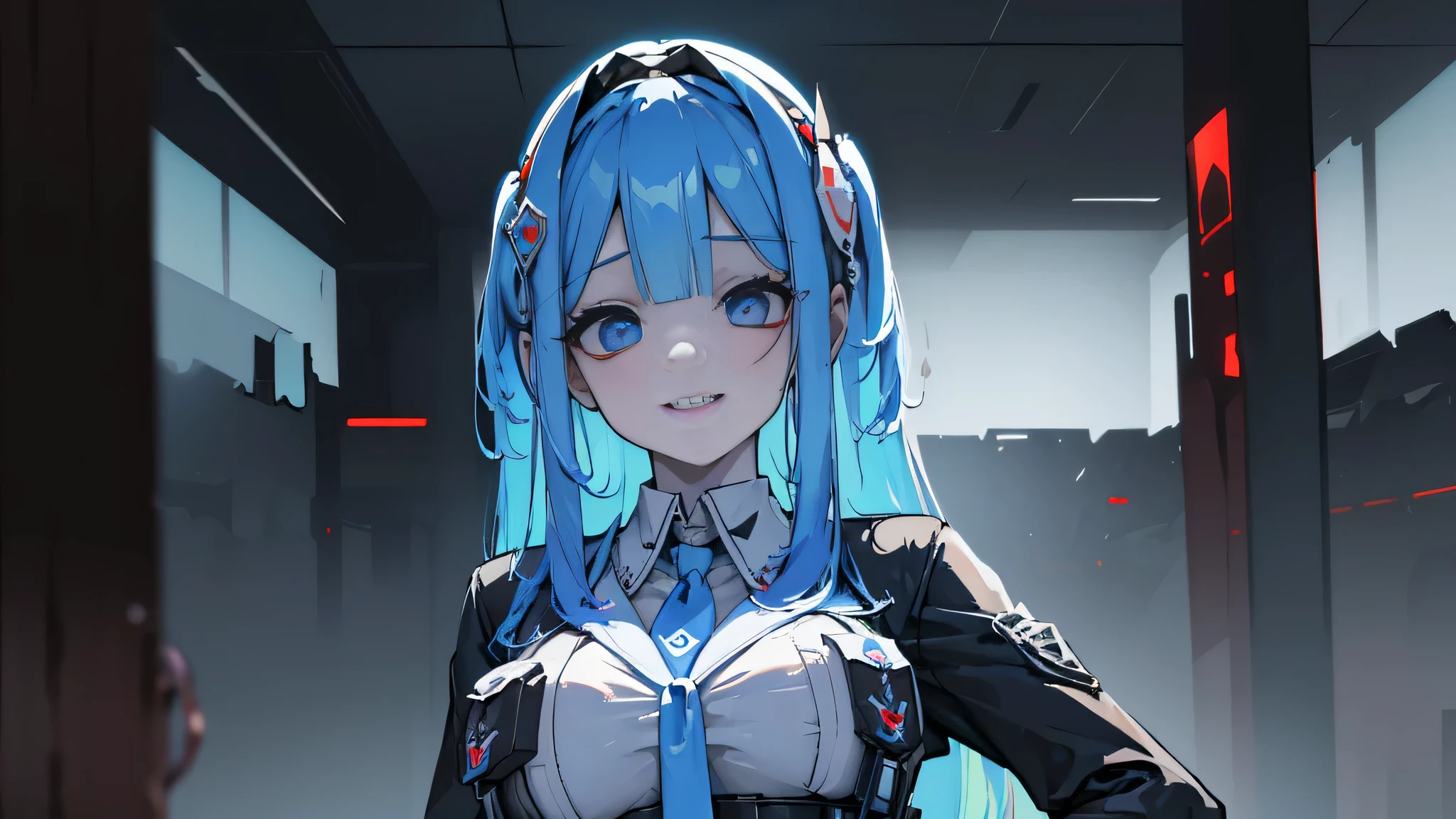 ((Best quality)), ((masterpiece)), (detailed:1.4), 3D, an image of a beautiful cyberpunk female, Yandere , Yandere Face , Trance , Trance Eyes , yameroyandere , constricted pupils , yandere ,
empty eyes . shaded face , crazy eyes , blue glowing eyes , crazy smile , dark, long sky blue hair, watering hair, blue eyes, white headgear, White Soldier Shirt, Black under cloth, Short white panty, Grenade belt, Big chest, Big thigh, High thigh black knee sock, full view of girl, battlefield background, black combat boot, red necktie, black glove, black combat suit, black jacket, black cloak, black panty, ammo belt, HDR (High Dynamic Range),Ray Tracing,NVIDIA RTX,Super-Resolution,Unreal 5,Subsurface scattering,PBR Texturing,Post-processing,Anisotropic Filtering,Depth-of-field,Maximum clarity and sharpness,Multi-layered textures,Albedo and Specular maps,Surface shading,Accurate simulation of light-material interaction,Perfect proportions,Octane Render,Two-tone lighting,Wide aperture,Low ISO,White balance,Rule of thirds,8K RAW,