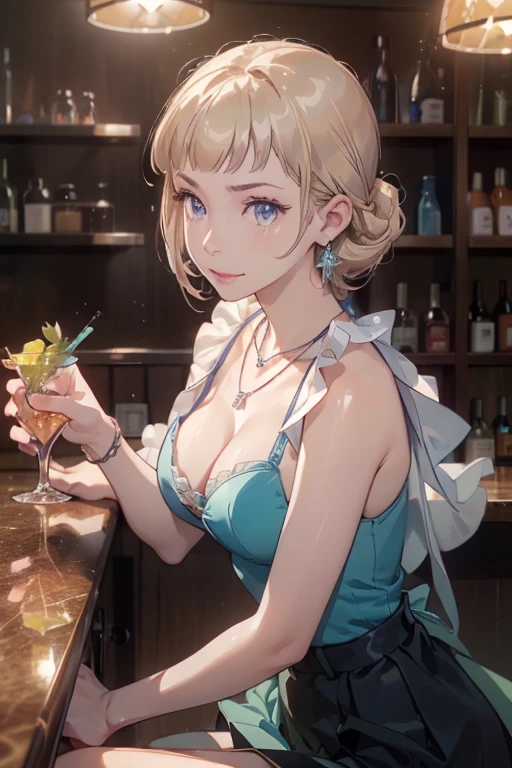 (masterpiece, best quality:1.2), (high resolution, 8K RAW photo, photo realistics, clear focus, weak outline:1.3), (cinematic lighting, moody, textile shading), pov, (solo:1.5), 1 matured woman, 24 years old, (milf:1.5), ((nfsw:1.5, small breast:1.3, breast cleavage:1.2, harass sexually, in heat, presenting)), ((Bright beautiful eyes with highlight:1.3)), (sitting a stool in night BAR counter, lying face down on the counter with putting arms on the counter top, looking at viewers, holding a cocktail glass), raised sexy, (little happy smile:1.3, shamed), light purple mesh on silver hair, medium long hair, hair over one eye, asymmetric hair, half updo hair, blue eyes, wearing blue sexy party dresses:1.1, long skirt with side slit, wearing green see-through shawl around your upper arms, (Luxury detailed accessories, necklace, earrings, Bracelets), bokeh, dynamic angle, upper body:1.2, close-up face:1.5, face focus, from side:1.2, (correct anatomy:1.6, ideal ratio of body proportions, correct hand:1.5, small hands), in a night,