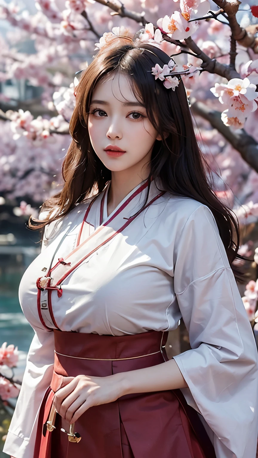 (best quality, 8K, masterpiece: 1.3), ((((((incredibly large breasts: 0.8))))), hairpin, (beautiful face:1.3), plum blossom ink painting background,authentic hanbok, red skirt, The background is a photo, People do their due diligence..