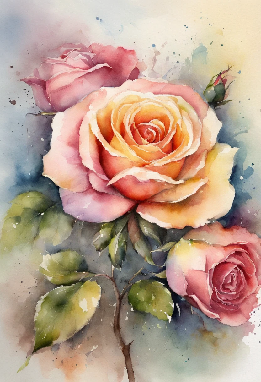 wtrcolor style, (Rose) The art of math, Pastel light background, official art, Blown by the wind, masterpiece, fair, ((watercolor)), Paint splatter, Intricate details. Very detailed, [Dripping:0.7], Popular on artstation, Rachel Walker