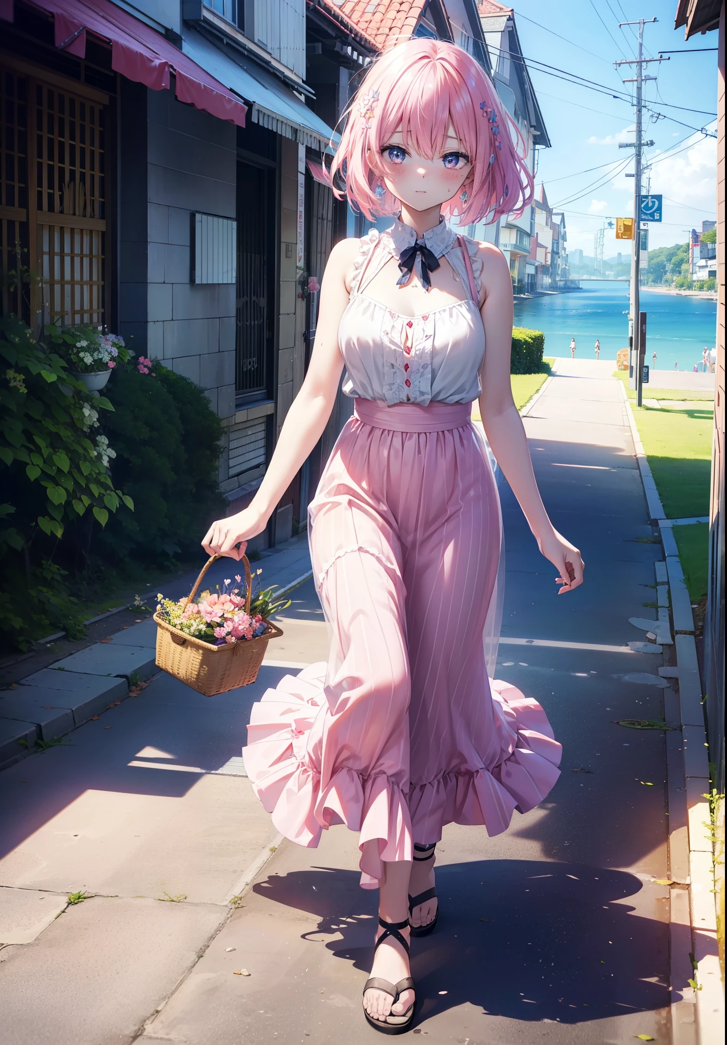 Model Luke, Momo Model Building Luke, Devil's Tail, Hair Flowers, hair ornaments, Pink Hair,Short Hair,(Purple eyes:1.1), smile,blush,happy smile, smile, Open your mouth,
, Sleeveless Pink Dress,Pink long skirt,Cute Sandals,walking,Real Summer,Daytime,sunny,whole bodyがイラストの中に入っていくように,
break outdoors ,Coastal Road,In town, break looking at viewer, whole body,
break (masterpiece:1.2), highest quality, High resolution, unity 8k wallpaper, (shape:0.8), (beautiful deしっぽed eyes:1.6), extremely deしっぽed face, Perfect lighting, extremely deしっぽed CG, (Perfect hands, Perfect Anatomy),