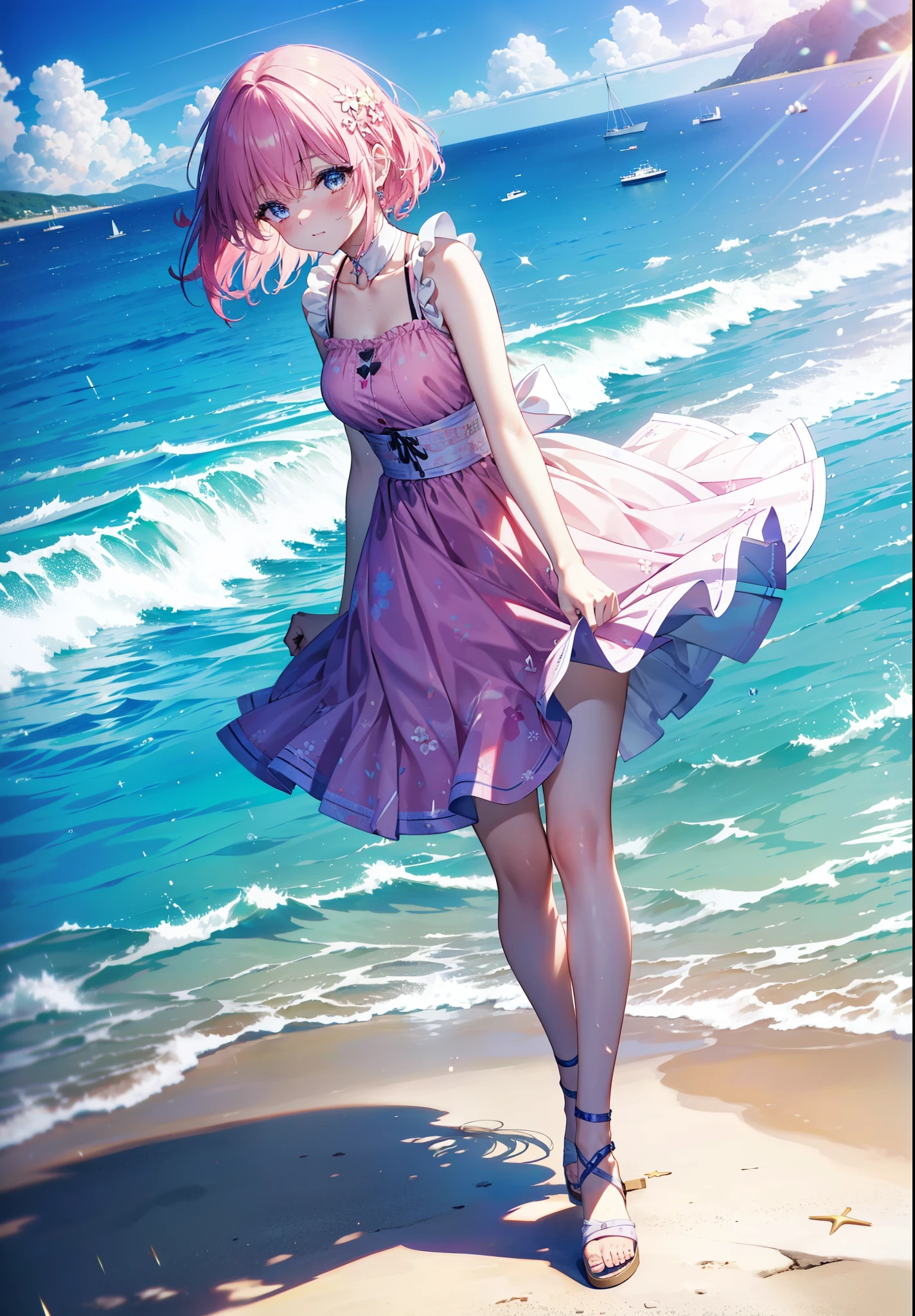 Model Luke, Momo Model Building Luke, Devil's Tail, Hair Flowers, hair ornaments, Pink Hair,Short Hair,(Purple eyes:1.1), smile,blush,happy smile, smile, Open your mouth,
, Sleeveless Pink Dress,Pink long skirt,Cute Sandals,walking,Real Summer,Daytime,sunny,whole bodyがイラストの中に入っていくように,
break outdoors ,Coastal Road,In town, break looking at viewer, whole body,
break (masterpiece:1.2), highest quality, High resolution, unity 8k wallpaper, (shape:0.8), (beautiful deしっぽed eyes:1.6), extremely deしっぽed face, Perfect lighting, extremely deしっぽed CG, (Perfect hands, Perfect Anatomy),