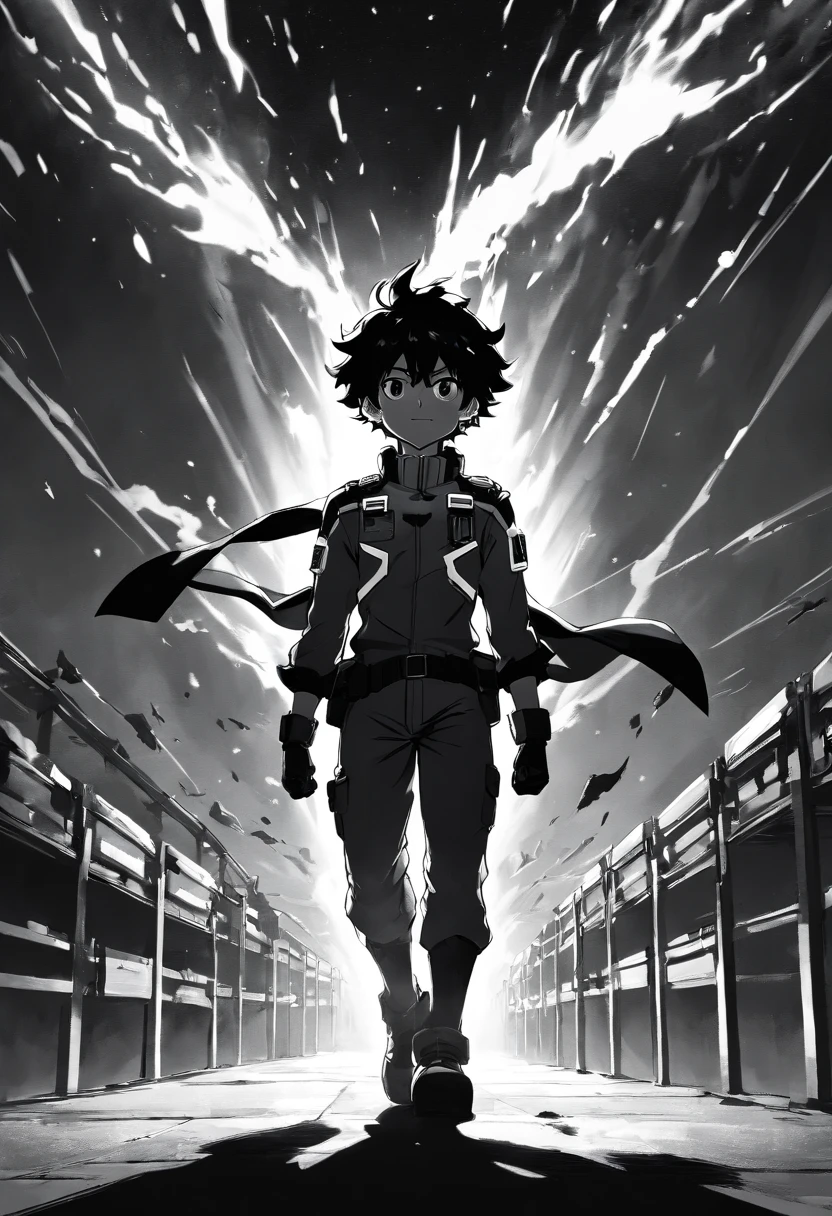 Create a stunning black and white movie poster inspired by Kohei Horikoshi's my hero academia, showcasing  25 years old Deku in his iconic full superhero uniform walking into the dark void where their is nothing and no one than himself"