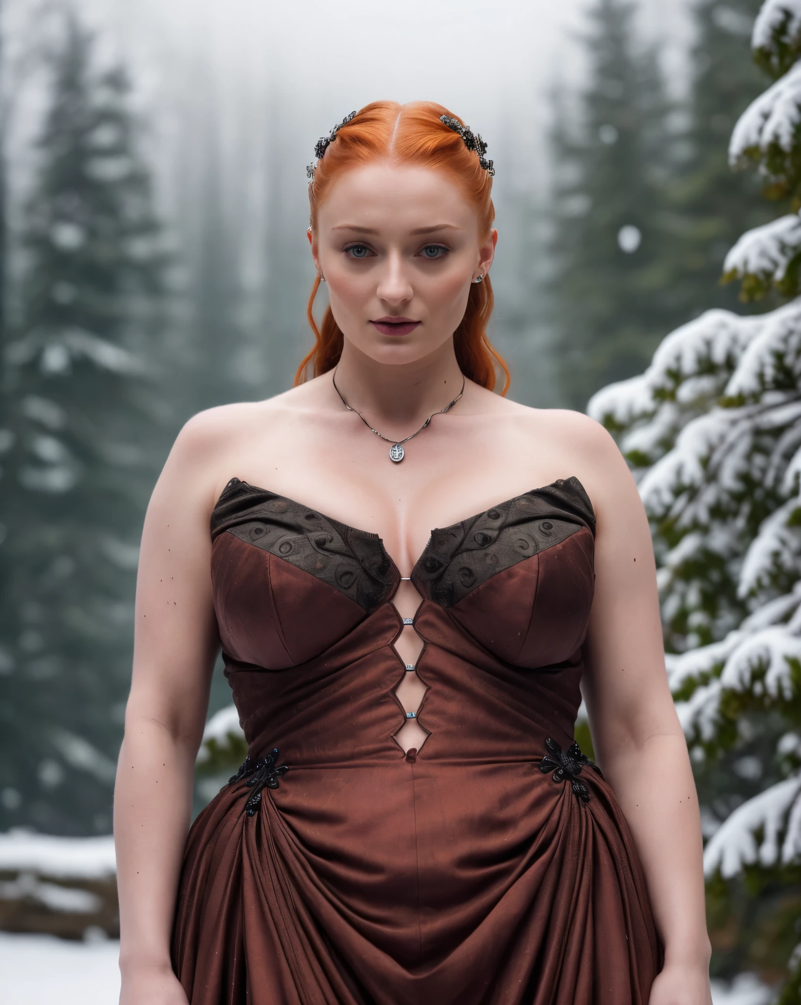 Face of Sophie Turner, Sansa Stark played by Sophie Turner, the de facto Lady of the Eyrie, is a 40-year-old mature queen with a stunning, alluring appearance. Full Face, pierced eyes, reddish lips, upper body shot, erotic Mediaeval costumes, game of thrones costumes, She wears a Game of Thrones-inspired costume and has a deep cleavage, a perfect thick body, and a perfect thick figure. The photograph captures her in a close-up, with her skin texture and facial features being ultra-realistic and realistic. Juicy thick figure, high quality skin, Skin pores, amazing details, snow, snow flakes, semi realistic, extremely detailed eyes, dark moody orange and black settings, cool environment, artificial intelligence, winter, winter scene,