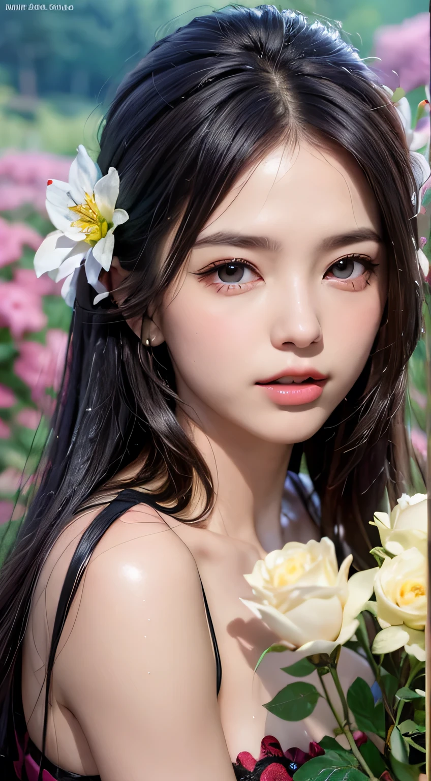 1 girl, Upper body close-up portrait, Black Hair, Flowing Hair, Hazy beauty, Has a very beautiful face, purple embroidered dress, hairpin, Lying on a flower bush, Put your hands on your face, Perfect ???????, White flower, (spring, Wet day, Terrace, Mountain landscape),  Vector art, modern chinese art, Soft Light, Tangled scarves, Look down