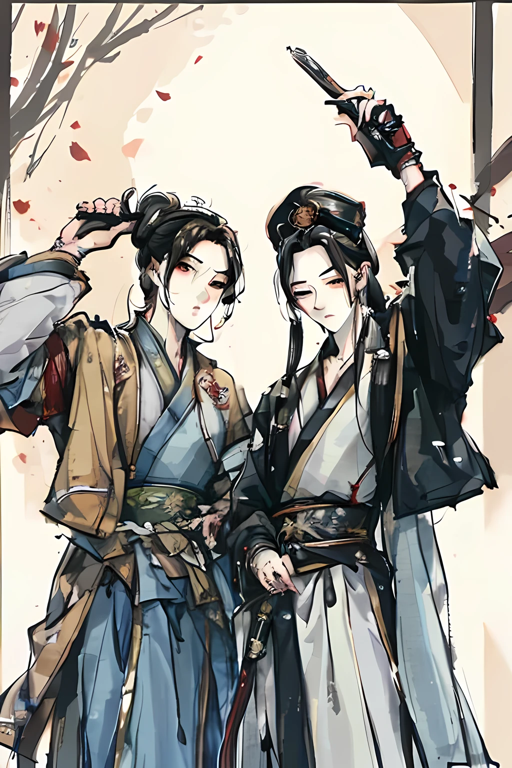 Two male ancients,Chinese,prime of life,One is an official with the character Zheng on his clothes and a brush in one hand.,The other is a military commander with the character Yue on his body and holding a sword.,The two raised a toast with their other hands.