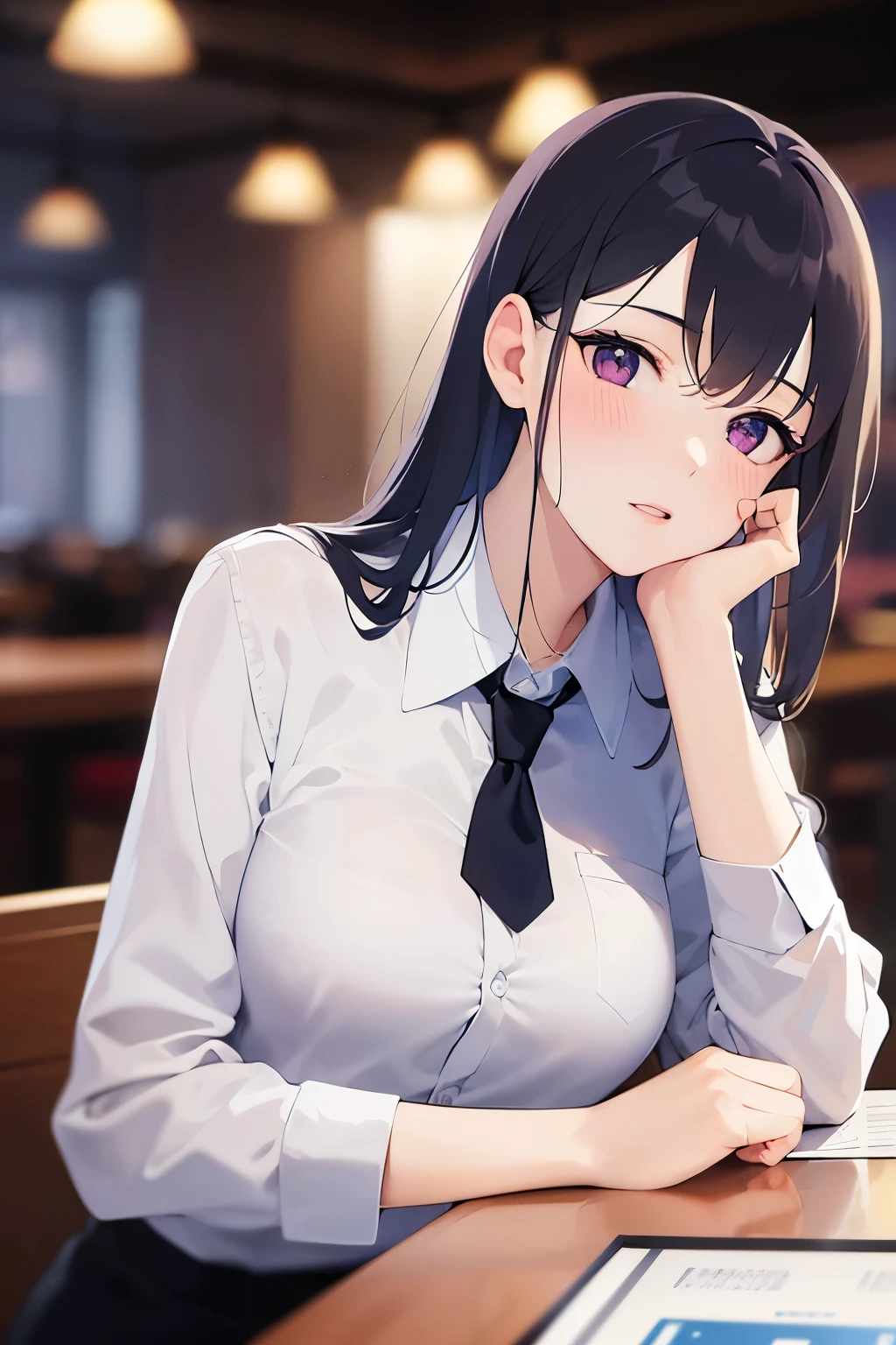 beer, Upper Body, Realistic, real person, (pale skin: 1.2), (RAW photo:1.5), photorealistic, shiny skin, shiny hair、(Bangs)25 year old woman with straight hair) and (medium hair) and (black hair) and (purple eyes) , (business suit) and (white collared shirt), (confused, blush:1.3), open mouth, The background is the interior of a restaurant at night.、alone、Sitting