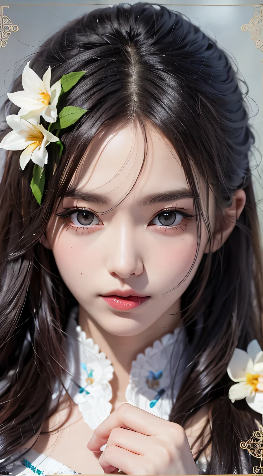 1 girl, Upper body close-up portrait, Black Hair, Flowing Hair, Hazy beauty, Has a very beautiful face, purple embroidered dress, hairpin, Lying on a flower bush, Put your hands on your face, Perfect Anatomy, White flower, (spring, Wet day, Terrace, Mountain landscape), Vector art, modern chinese art, Soft Light, Tangled scarves, Look down