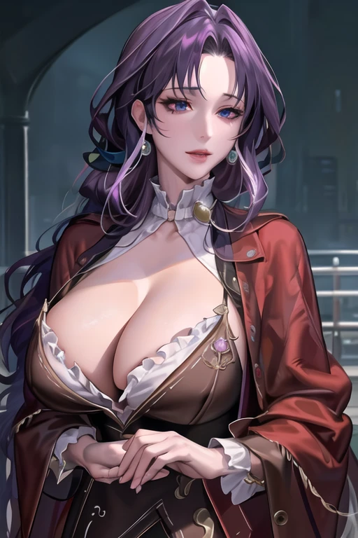 An unrivalled masterpiece, 8k, (high quality:1.2) Perfect work of art, outdoor, Cowboy shooting, 1 Girl, Carlo Fano, purple hair, Red Eyes, Purple flowers, Parted bangs, Low Ponytail, Mature female, Red lips, earrings, (Huge breasts:1.2), (Cleavage)Clean, Pretty Face, Pure face, Pale skin, (Colored undercoat:1.103), (Detailed hair:1.08), (Long eyelashes:1.1), (Delicate and beautiful eyes and face), (Ultra-extreme details:1.05), stunning lighting effects,