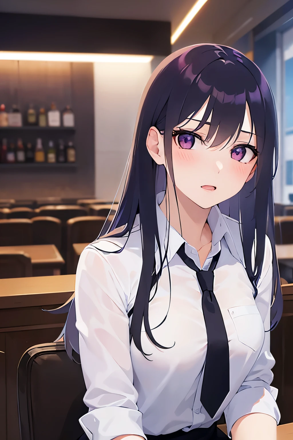beer, Upper Body, Realistic, real person, (pale skin: 1.2), (RAW photo:1.5), photorealistic, shiny skin, shiny hair、(Bangs)25 year old woman with straight hair) and (medium hair) and (black hair) and (purple eyes) , (business suit) and (white collared shirt), (confused, blush:1.3), open mouth, The background is the interior of a restaurant at night.、alone、Sitting