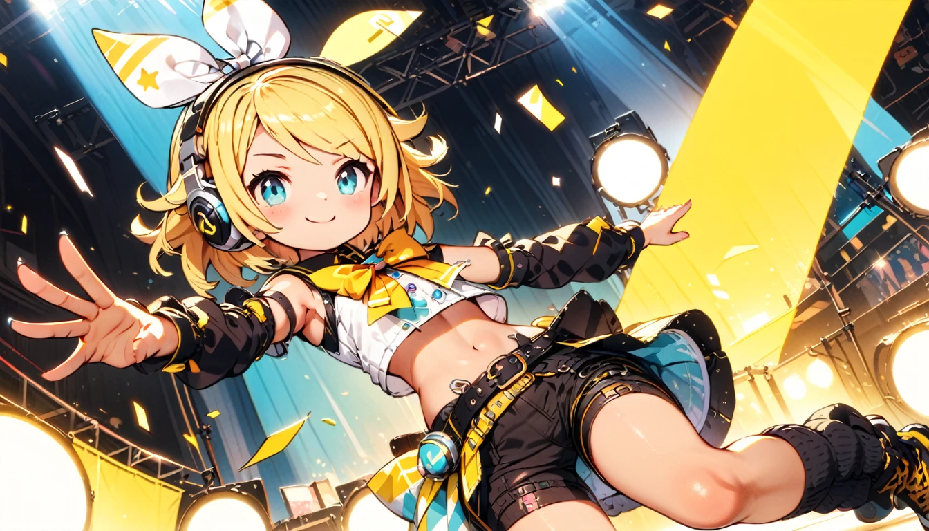 KAGAMINE RIN\(vocaloid\),solo,1female\(cute,kawaii,,KAGAMINE RIN\(vocaloid\),light yellow hair, short hair,red tattoo of numbers"02" on shoulder,(big white bow),sleeveless white shirt,detached black arm bell sleeves,(arm sleeves are black bell sleeves:1.2),belt,sailor collar,yellow wide tie,white headphones,black short pants,black knee high leg warmers,yellow key strap at belt,open shoulder,singing and dancing,(very cute pose:1.5),(korean idol pose:1.5),dynamic pose,(very cute big smile),looking away\), BREAK ,background\(live stage,band members,colorful confetti,pastel color spotlights,(many colorful music note signs),many audience waving yellow glow sticks,\), BREAK ,quality\(8k,wallpaper of extremely detailed CG unit, masterpiece,hight resolution,top-quality,top-quality real texture skin,hyper realisitic,increase the resolution,RAW photos,best qualtiy,highly detailed,the wallpaper,cinematic lighting,ray trace,golden ratio\),RIN is so so cute,dynamic angle,long shot,wide shot,(aerial view:0.8),better hands,5fingers