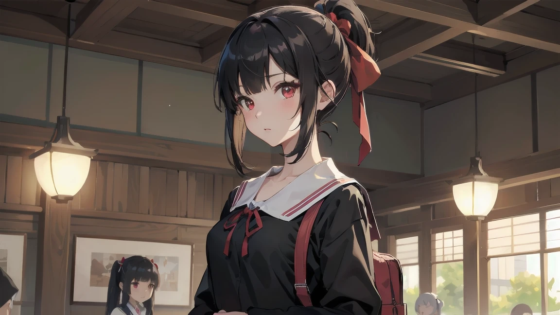 masterpiece, highest quality, Very detailed, 16k, One Girl, spring, high school, Warm colors, school bag, 正確でVery detailedな背景, Mr..々Schoolgirls in uniform, cute. break. kaguya shinomiya, Red eyes, Black Hair, ribbon, red ribbon, hair ribbon, Parted bangs, Folded ponytail, , Shuchiin Academy , dress, Side Lock, chest, black dress, clavicle, short hair, Long sleeve