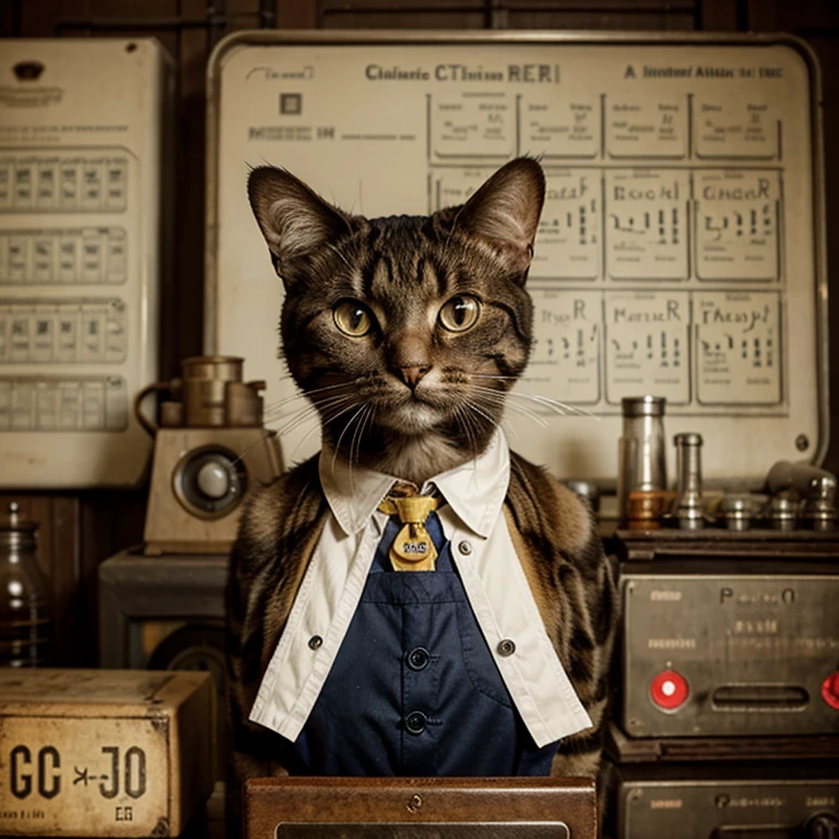 Vintage anthropomorphic cat with periodic table in the background 