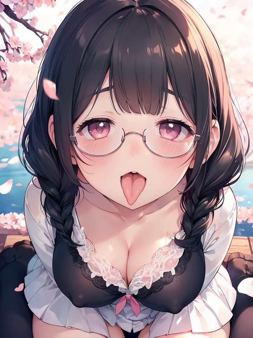 Very detailed, highest quality, High resolution, Moe Anime, ((A cute elementary school girl with black hair and droopy eyes)), ((Wearing large round glasses:1.4)), (Baby Face), Cute eyes, Detailed eye depiction, Sparkle in the eyes, View your viewers, Pale skin, (Droopy eyes:1.4, Fatty face:1.4), smile, Focus on the face, In the park with cherry blossoms falling, Sitting, (Extreme close up of tongue), (((From above))), Open your mouth, (((Face only:1.3))), ((White lace lingerie)), Bright Eyes, Light from the front, (Put your hands between your legs:1.4), (large and long tongue:1.2), Cleavage, Braided Hair, Pink ribbon