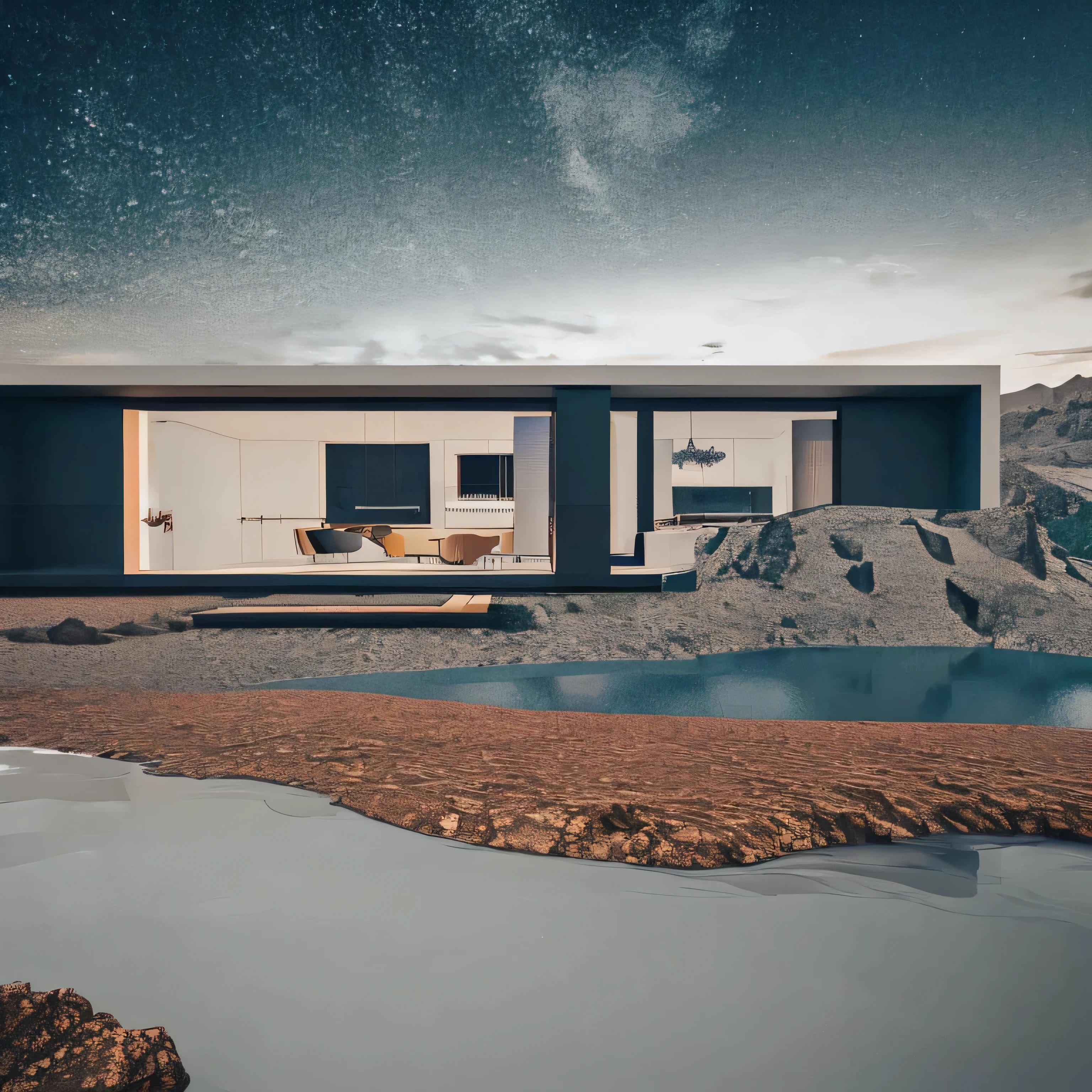 aerial view square concrete house in cobalt color with many mix holes on the stream volcanic mountain, minimal, concept art, lighting inside house, 3d shadow, sculpture detailing, dark ambience, Contemporary art, Surrealism, glowing light, cinematic lighting, Minimalism, Luminism, high details, high quality, award winning, 4K