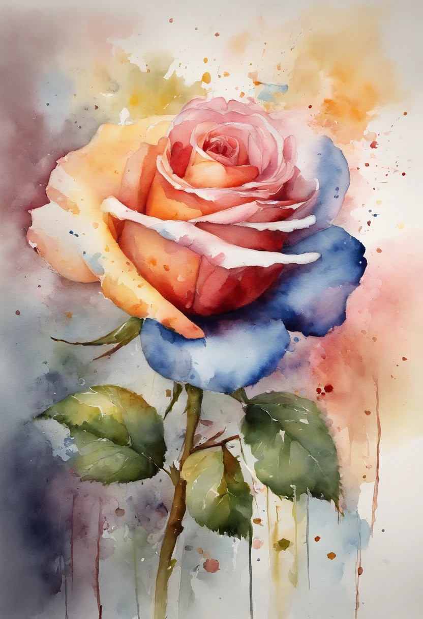 wtrcolor style, (Rose) The art of math, Pastel light background, official art, Blown by the wind, masterpiece, fair, ((watercolor)), Paint splatter, Intricate details. Very detailed, [Dripping:0.7], Popular on artstation, Rachel Walker