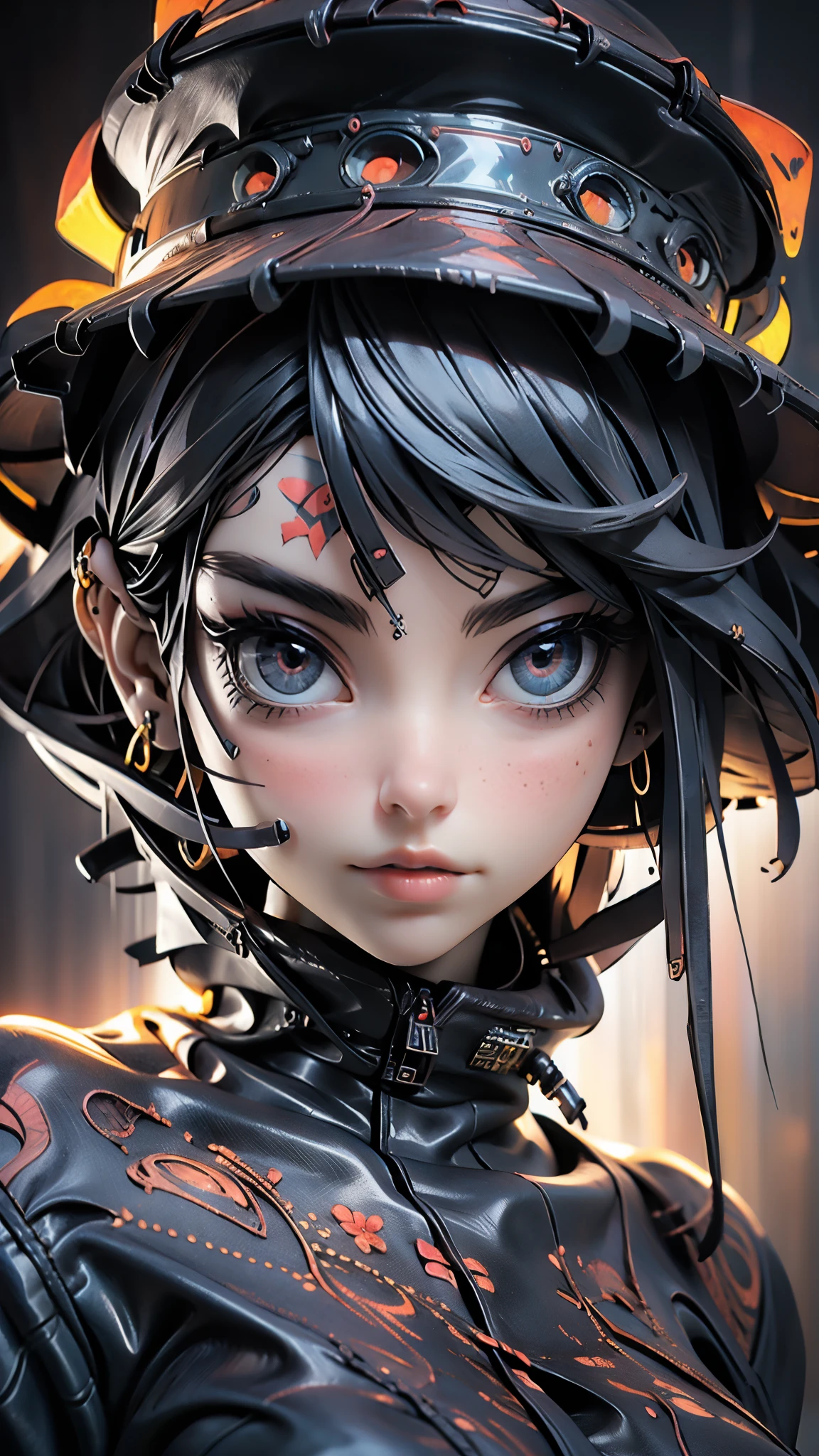 Centered, symmetrical, portrait official art, unity 8k wallpaper, ultra detailed, beautiful and aesthetic, masterpiece, best quality, (zentangle, mandala, tangle, entangle), (fractal art:1.3) , 1girl, extremely detailed, dynamic angle, vivid colours, romanticism, atmospheric, ecstasy of musical notes, streaming musical notes visible. Luminous light. Luminous, 4K, highly detailed Cyberpunk alley at night.