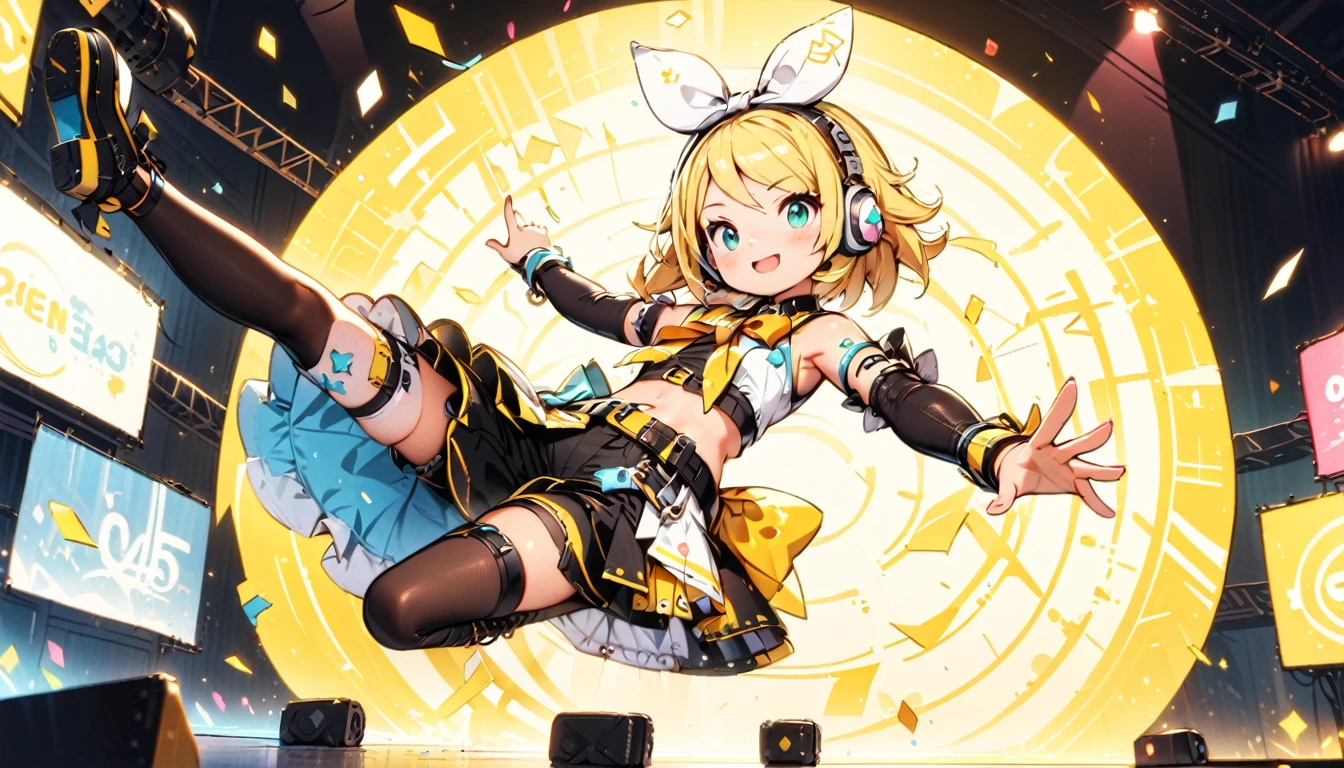 KAGAMINE RIN\(vocaloid\),solo,1female\(cute,kawaii,age of 10,KAGAMINE RIN\(vocaloid\),light yellow hair, short hair,red tattoo of numbers"02" on shoulder,(big white bow),sleeveless white shirt,detached black arm bell sleeves,(arm sleeves are black bell sleeves:1.2),belt,sailor collar,yellow wide tie,white headphones,black short pants,black knee high leg warmers,yellow key strap at belt,open shoulder,singing and dancing,(very cute pose:1.5),(korean idol pose:1.5),dynamic pose,(very cute big smile),looking away\), BREAK ,background\(live stage,band members,colorful confetti,pastel color spotlights,(many colorful music note signs),many audience waving yellow glow sticks,\), BREAK ,quality\(8k,wallpaper of extremely detailed CG unit, ​masterpiece,hight resolution,top-quality,top-quality real texture skin,hyper realisitic,increase the resolution,RAW photos,best qualtiy,highly detailed,the wallpaper,cinematic lighting,ray trace,golden ratio\),RIN is so so cute,dynamic angle,long shot,wide shot,(aerial view:0.8),better hands,5fingers