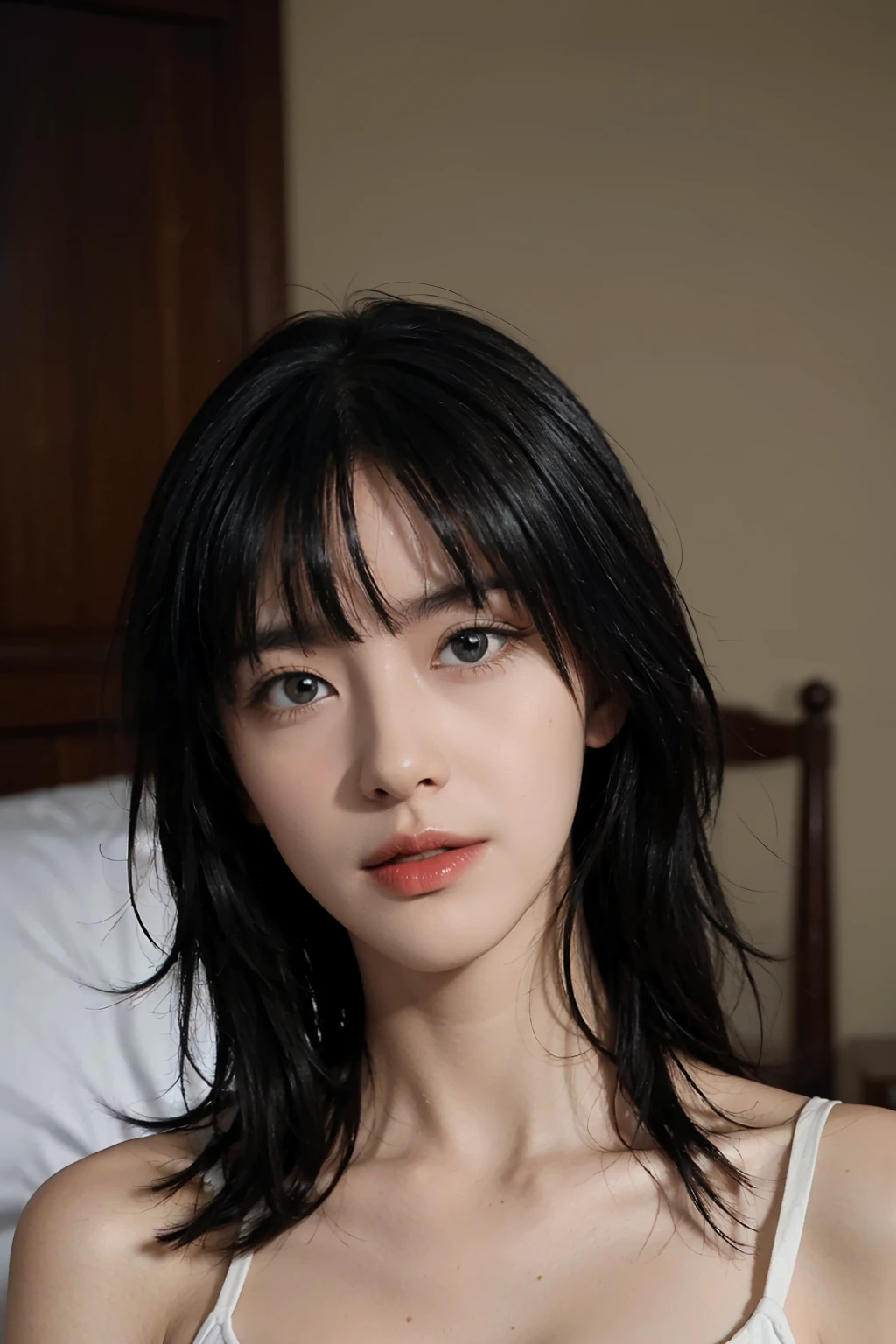 Full-body photo of a beautiful woman、Fubuki is waiting for me in the dimly lit room 、Fubuki lying in bed 、Fubuki is staring at me 、Short black hair、Green Eyes、G cup size、Fubuki wearing a white bra and white panties 、Not an anime、It's not a manga.、Realistic woman