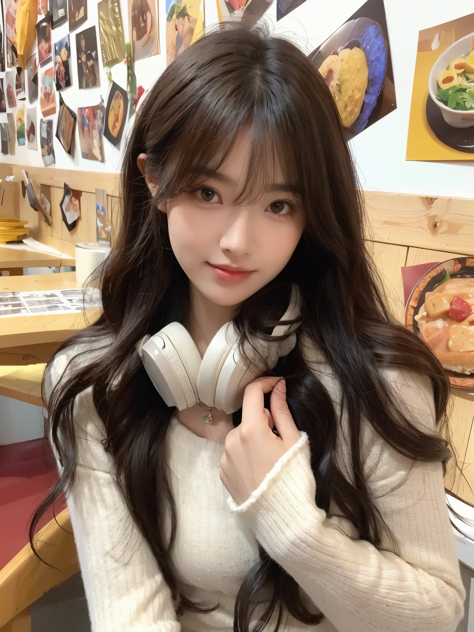 Black long curly hair，Naturally good-looking，More hair，The background is natural, simple and clean