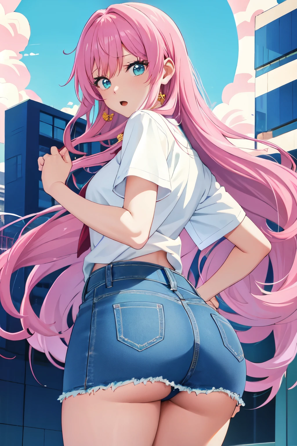 akari watanabe, long hair, solo,  pink hair, blue eyes, looking at viewer, round ass, thicc thighs,  1girl , A-line skirt, jeans