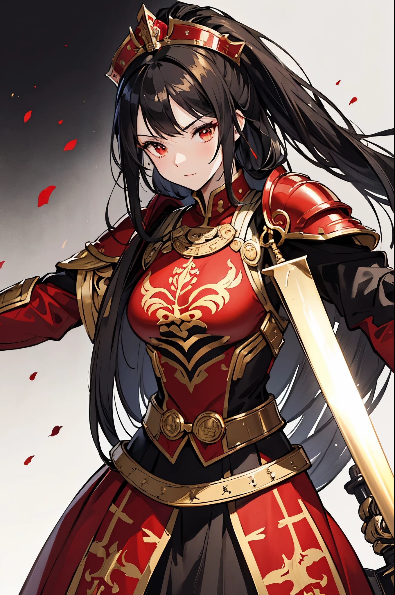 female,Military commander,Red shoulder armor with gold trim,Gold headdress,Red pattern black clothes,Black hair,Silver sword with gold rim and red handle,Three Kingdoms,warrior,Gray background,White background