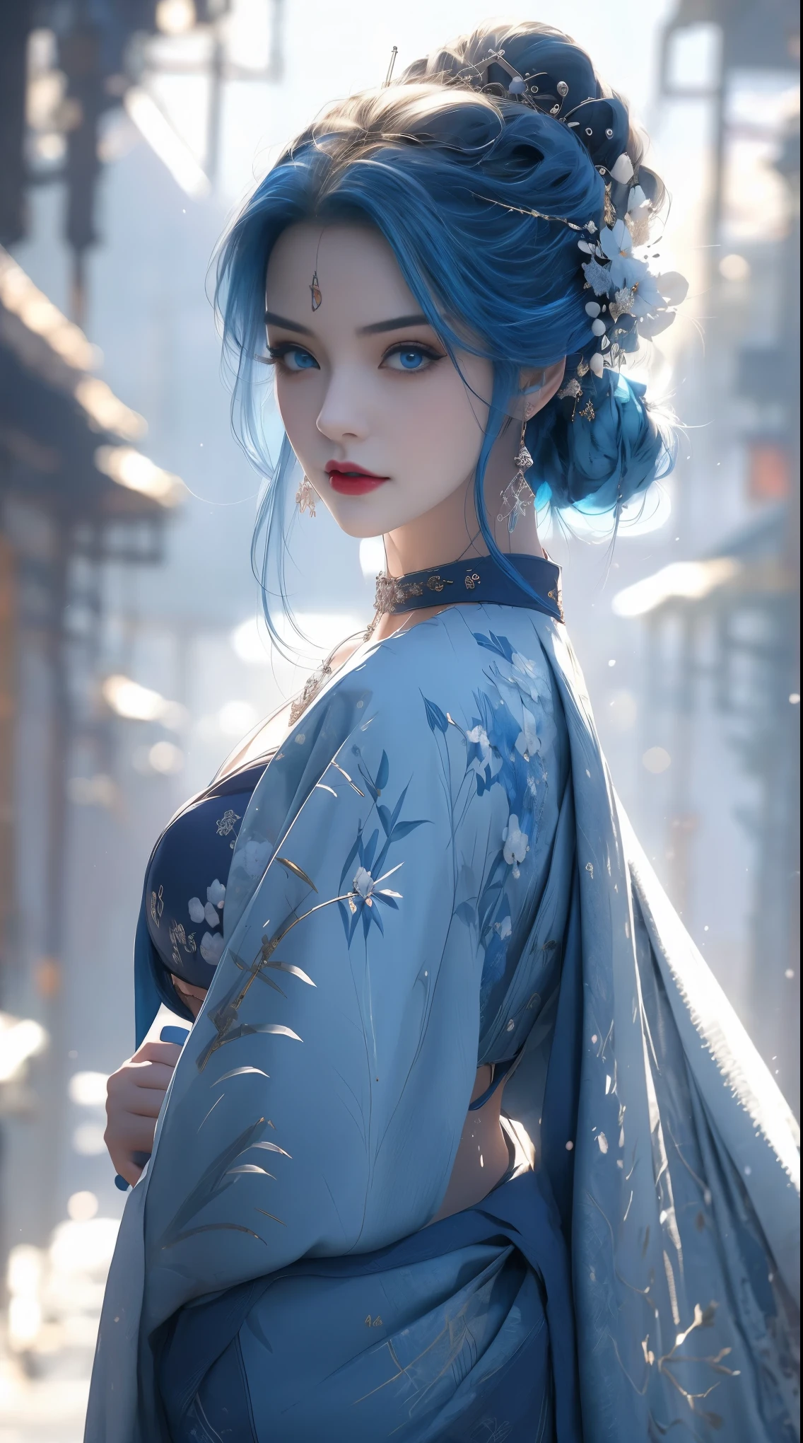 1 beautiful woman, 20 years old, bright blue hair, pale white skin (realistic details in skin, realistic skin), bright blue eyes (very detailed and vivid eyes), red lips, makeup, necklace, earrings, choker, accessories, perfect body , perfect abs, perfectly round butt, cleavage, tight kimono, kimono with small details in blue, looking at the viewer, shy look, blushing, in the background a bamboo forest, snowy forest (lots of detail in the environment), snow particles in the air, (masterpiece), (Photorealistic), (8K), (realistic lighting),