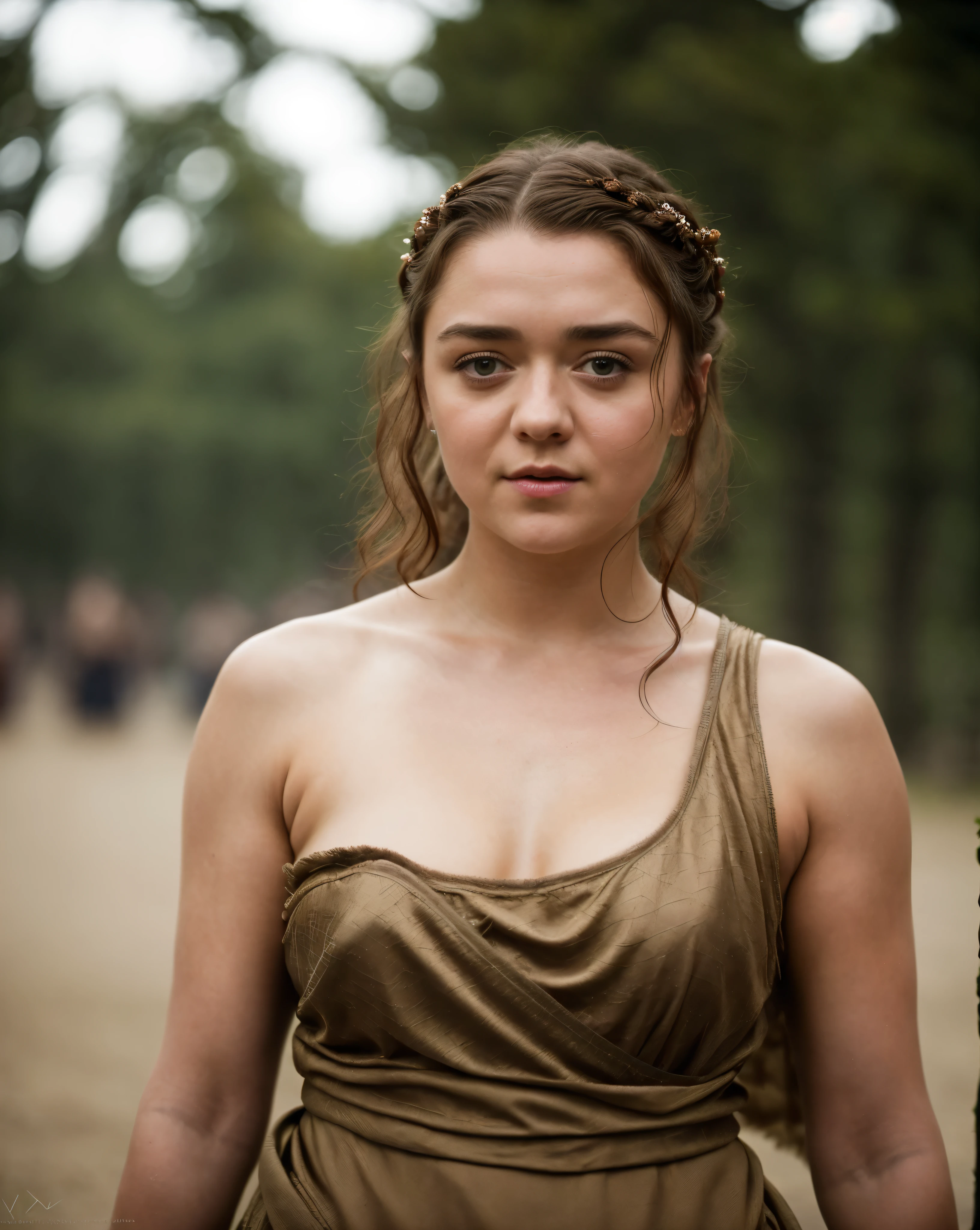 Foto RAW, Arya Stark, Extremely gorgeous lady, Arya Stark PLAYED BY MAISIE WILLIAMS, Queen Arya Stark, she  a mature woman now, milf, sexy mediaeval battle dress, gladiator woman, body, 40 years old Woman, Roman slave dress, cotton dress, busty mediaeval costumes, body revealing costumes, perky breast, big natural breast, erotic costumes, lusty physique, seductive figure can capture every people's attention, Game of thrones costumes, revealing captivating figure, Mediaeval costumes, revealing clothes, A tomboy, she would rather fence than dance, warrior queen , game of thrones screen caps, Game of Thrones Series, (pele altamente detalhada: 1.2), 8k UHD, DSLR, soft-lighting, alta qualidade, grain of film, Fujifilm XT3, flawless picture, highly detailed, detailed Beauty, intricate, 32k, sharp picture,