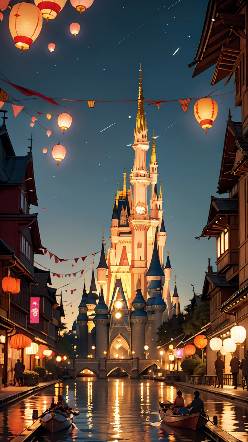 Disney「Rapunzel in the Tower」、A scene of a boat on a lake watching flying lanterns