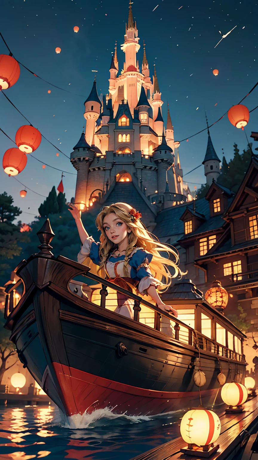 Disney「Rapunzel in the Tower」、A scene of a boat on a lake watching flying lanterns