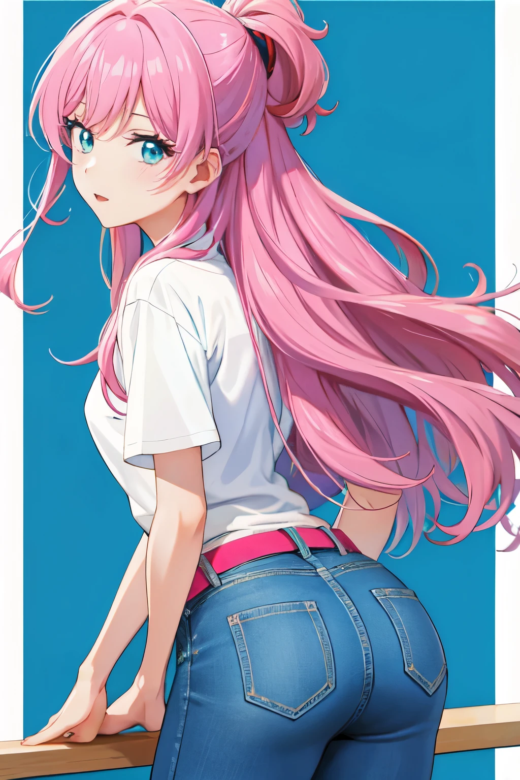 akari watanabe, long hair, solo,  pink hair, blue eyes, looking at viewer, round ass,  1girl , A-line skirt, jeans