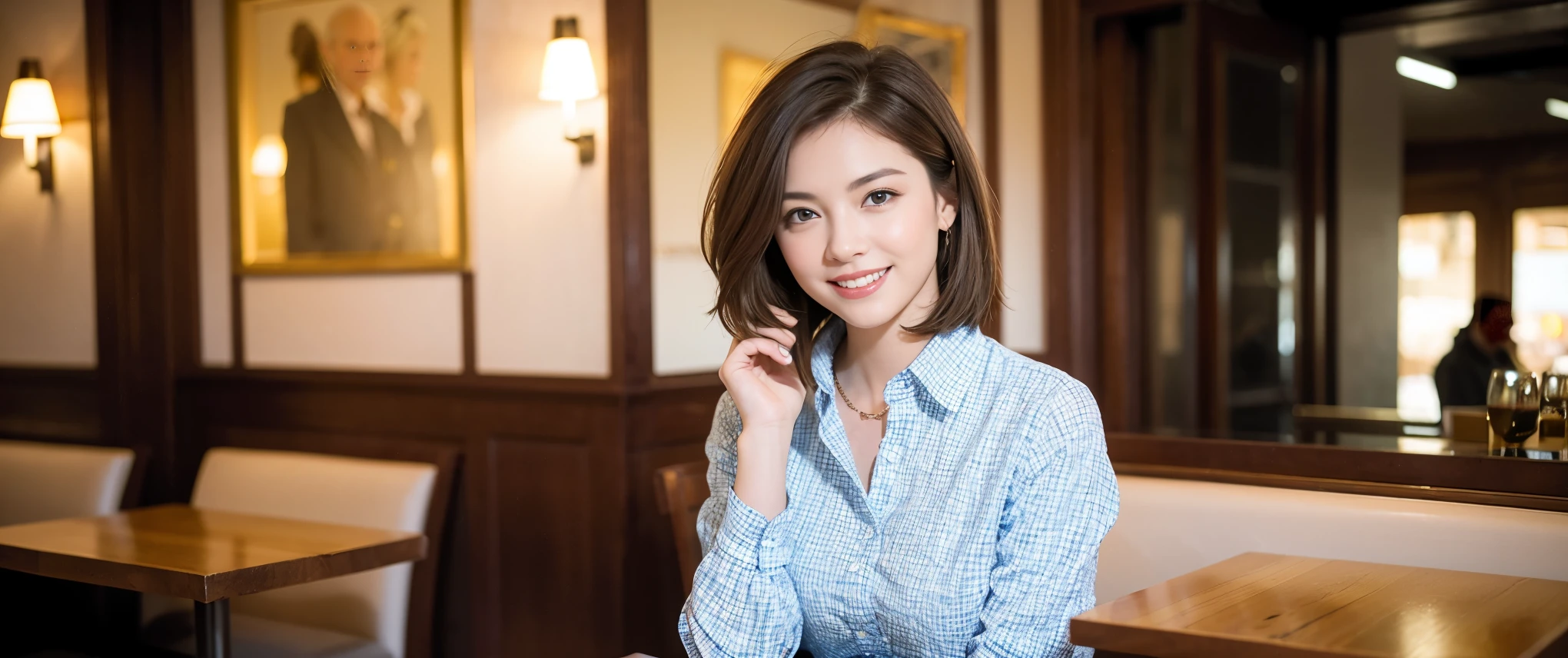 ((highest quality、8k、masterpiece:1.3))、Sharp focus:1.2、Beautiful woman perfect body:1.4、slimなボディ、((Bob Hale、Straight hair:1.2))、(to be born, highest quality, masterpiece:1.5), (Realistic, Intricate details:1.2), テーブルにwine glass、Put the light on your face、 Amazing view of the sunset sky and clouds、Amazing mountain views、ニコニコ明るいsmile、smileの素敵な女性、Bright image、2. The beauty of wine, Beautiful Face, blue eyes, The light shines on your face, Blushing, short hair,Bright Face、Fox face、 (43 years old), 39 years old, Lady、red wine 、Appetizers、Italian food、Wine bottle、Champagne、sparkling wine、Two beauties、Brown Hair、Shortcuts、Long sleeve shirt、dress、Pretty Woman 1, (slimな顔), (The body is slim), (Brown Hair), (Shortcuts), cheeks turn a little red,Attractive beauty、, Out of the window, A beautiful and detailed night view unfolds.........., restaurant, In a prominent place (From the waist up) Nova Frog Style, actress, model, Upper Body, White wine, slim, wine glass, 真ん中に置かれたwine glass, smile, (smile: 1.15), Beautiful fine grain, Depth f/2,saturation, High Contrast, Strong light and shadow,Moist Body:1.5、3D texture、Delicate eyes、Brown Hair、The hair is very shiny、