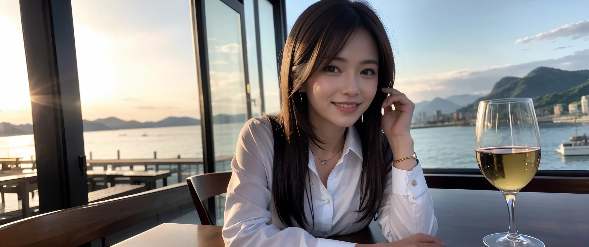 ((highest quality、8k、masterpiece:1.3))、Sharp focus:1.2、Beautiful woman perfect body:1.4、slimなボディ、((Bob Hale、Straight hair:1.2))、(to be born, highest quality, masterpiece:1.5), (Realistic, Intricate details:1.2), テーブルにwine glass、Put the light on your face、 Amazing view of the sunset sky and clouds、Amazing mountain views、ニコニコ明るいsmile、smileの素敵な女性、Bright image、2. The beauty of wine, Beautiful Face, blue eyes, The light shines on your face, Blushing, short hair,Bright Face、Fox face、 (43 years old), 39 years old, Lady、red wine 、Appetizers、Italian food、Wine bottle、Champagne、sparkling wine、Two beauties、Brown Hair、Shortcuts、Long sleeve shirt、dress、Pretty Woman 1, (slimな顔), (The body is slim), (Brown Hair), (Shortcuts), cheeks turn a little red,Attractive beauty、, Out of the window, A beautiful and detailed night view unfolds.........., restaurant, In a prominent place (From the waist up) Nova Frog Style, actress, model, Upper Body, White wine, slim, wine glass, 真ん中に置かれたwine glass, smile, (smile: 1.15), Beautiful fine grain, Depth f/2,saturation, High Contrast, Strong light and shadow,Moist Body:1.5、3D texture、Delicate eyes、Brown Hair、The hair is very shiny、