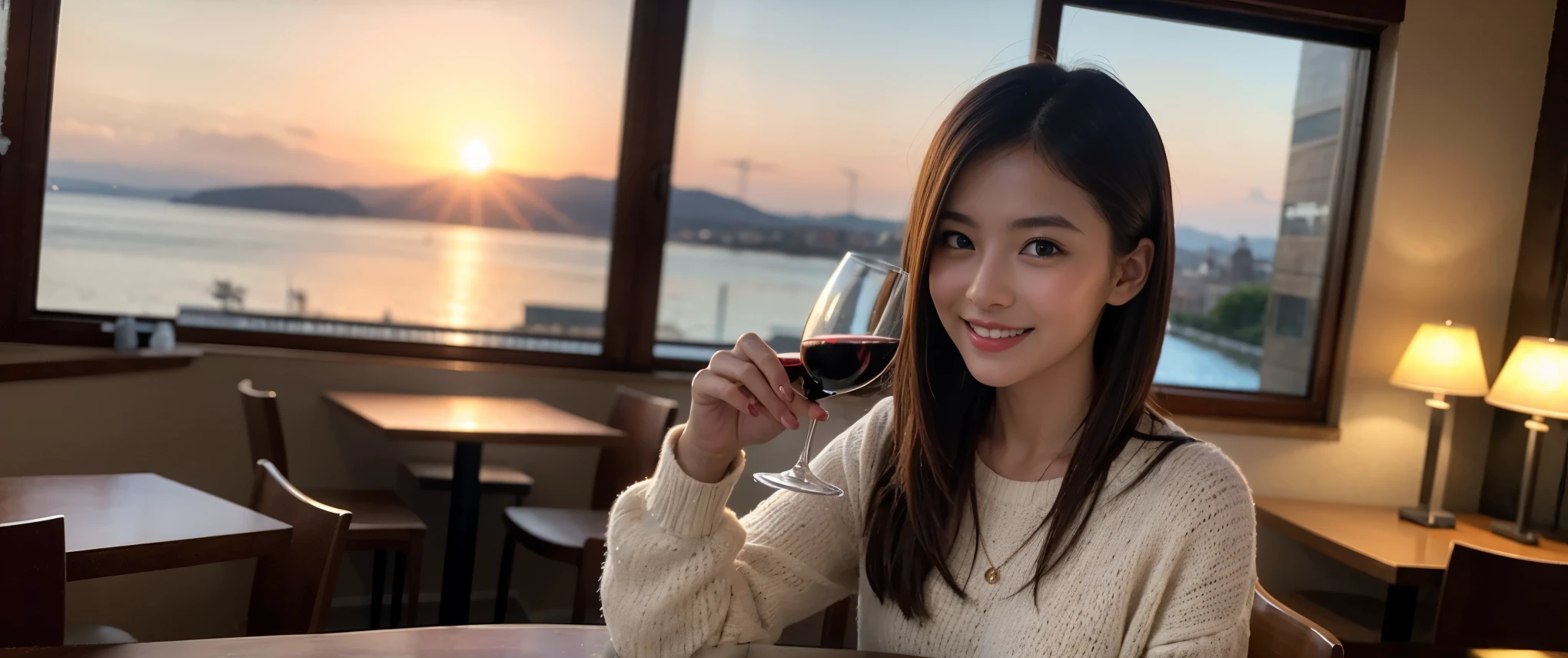 ((highest quality、8k、masterpiece:1.3))、Sharp focus:1.2、Beautiful woman perfect body:1.4、slimなボディ、((Bob Hale、Straight hair:1.2))、(to be born, highest quality, masterpiece:1.5), (Realistic, Intricate details:1.2), テーブルにwine glass、Put the light on your face、 Amazing view of the sunset sky and clouds、Amazing mountain views、ニコニコ明るいsmile、smileの素敵な女性、Bright image、2. The beauty of wine, Beautiful Face, blue eyes, The light shines on your face, Blushing, short hair,Bright Face、Fox face、 (43 years old), 39 years old, Lady、red wine 、Appetizers、Italian food、Wine bottle、Champagne、sparkling wine、Two beauties、Brown Hair、Shortcuts、Long sleeve shirt、dress、Pretty Woman 1, (slimな顔), (The body is slim), (Brown Hair), (Shortcuts), cheeks turn a little red,Attractive beauty、, Out of the window, A beautiful and detailed night view unfolds.........., restaurant, In a prominent place (From the waist up) Nova Frog Style, actress, model, Upper Body, White wine, slim, wine glass, 真ん中に置かれたwine glass, smile, (smile: 1.15), Beautiful fine grain, Depth f/2,saturation, High Contrast, Strong light and shadow,Moist Body:1.5、3D texture、Delicate eyes、Brown Hair、The hair is very shiny、