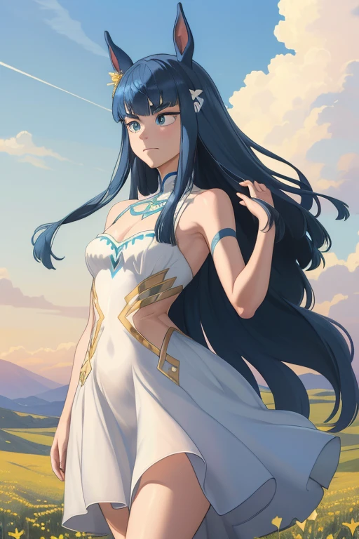 ((masterpiece, best quality)),(illustration),(detailedlight),((anextremelydelicateandbeautiful)),1girl,GodolphinArabian,long hair,blue hair,green eyes,horse ears,horse girl,hair_ornament,white dress, bare shoulders, ,sleeveless,evening dress,long dress,outdoors, light,blue sky, horizon, meadow, wild