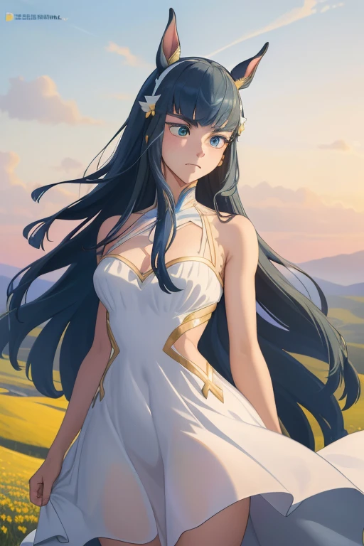 ((masterpiece, best quality)),(illustration),(detailedlight),((anextremelydelicateandbeautiful)),1girl,GodolphinArabian,long hair,blue hair,green eyes,horse ears,horse girl,hair_ornament,white dress, bare shoulders, ,sleeveless,evening dress,long dress,outdoors, light,blue sky, horizon, meadow, wild