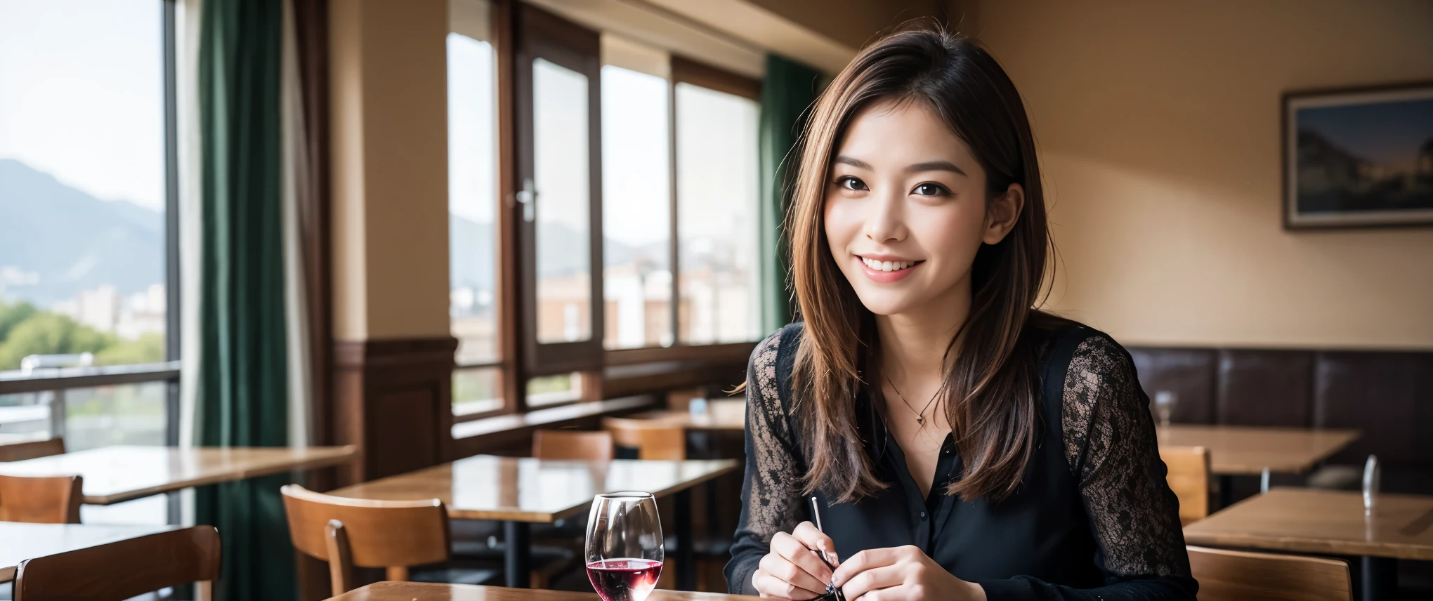 ((highest quality、8k、masterpiece:1.3))、Sharp focus:1.2、Beautiful woman perfect body:1.4、slimなボディ、((Bob Hale、Straight hair:1.2))、(to be born, highest quality, masterpiece:1.5), (Realistic, Intricate details:1.2), Ultra-high resolution, Shine light on your face、Amazing view of the sunset sky and clouds、Amazing mountain views、ニコニコ明るいsmile、smileの素敵な女性、Bright image、2. The beauty of wine, Beautiful Face, blue eyes, The light shines on your face, Blushing, short hair,Bright Face、Fox face、 (36 years old), 39 years old, Lady、red wine 、Appetizers、Italian food、Wine bottle、Champagne、sparkling wine、Two beauties、Brown Hair、Shortcuts、Long sleeve shirt、dress、Pretty Woman 1, (slimな顔), (The body is slim), (Brown Hair), (Shortcuts), cheeks turn a little red,Attractive beauty、, Out of the window, A beautiful and detailed night view unfolds.........., restaurant, In a prominent place (From the waist up) Nova Frog Style, actress, model, Upper Body, White wine, slim, wine glass, 真ん中に置かれたwine glass, smile, (smile: 1.15), Beautiful fine grain, Depth f/2,saturation, High Contrast, Strong light and shadow,Moist Body:1.5、3D texture、Delicate eyes、Brown Hair、The hair is very shiny、