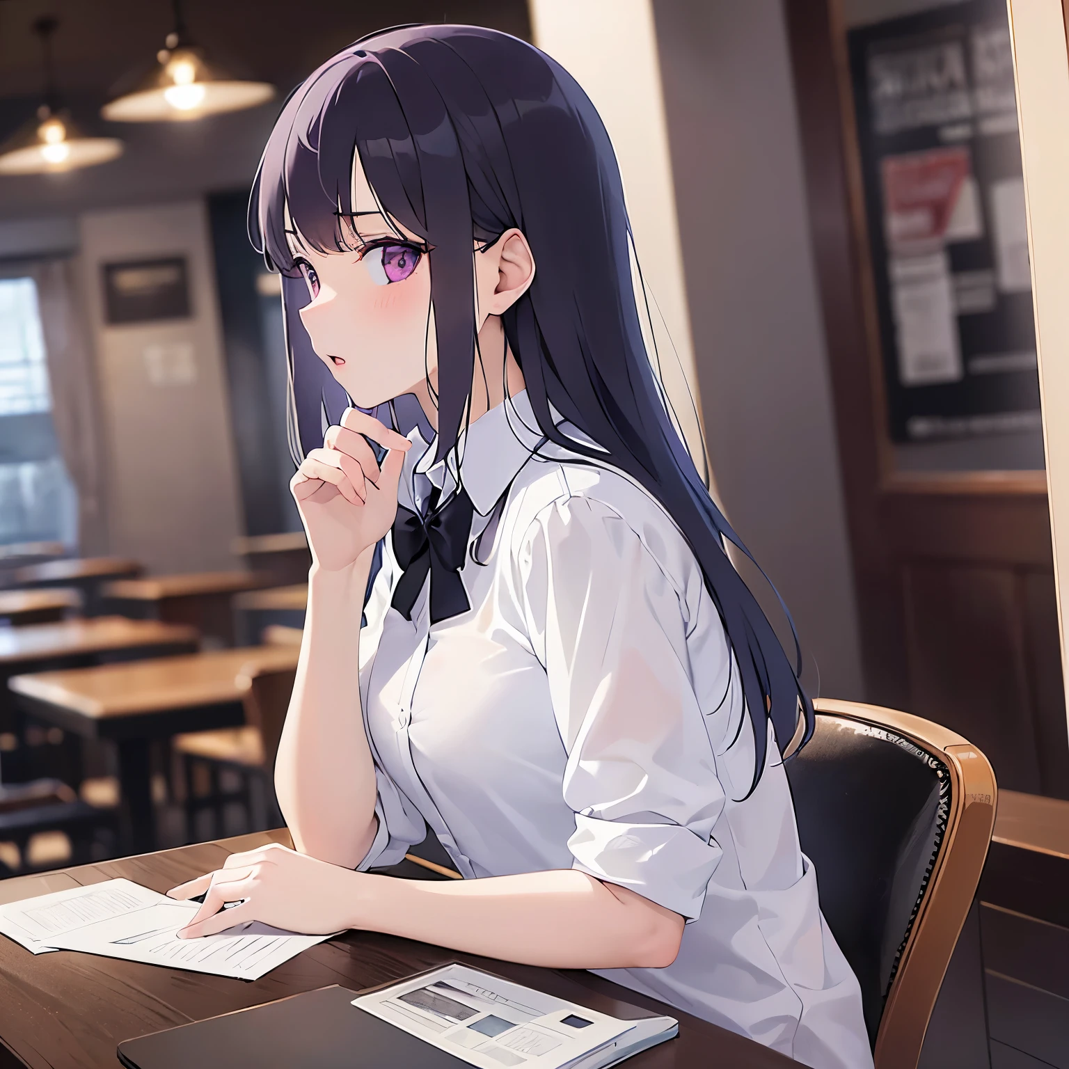 beer, Upper Body, Realistic, real person, (pale skin: 1.2), (RAW photo:1.5), photorealistic, shiny skin, shiny hair、(Bangs)25 year old woman with straight hair) and (medium hair) and (black hair) and (purple eyes) , (white collared shirt), (confused, blush:1.3), open mouth, The background is the interior of a restaurant at night.、alone、Sitting