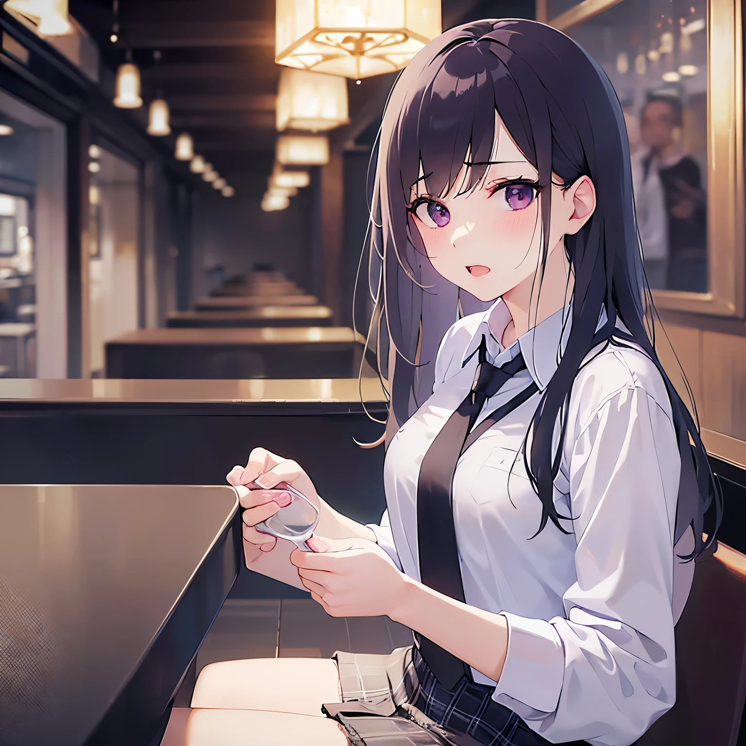 beer, Upper Body, Realistic, real person, (pale skin: 1.2), (RAW photo:1.5), photorealistic, shiny skin, shiny hair、(Bangs)25 year old woman with straight hair) and (medium hair) and (black hair) and (purple eyes) , (white collared shirt), (confused, blush:1.3), open mouth, The background is the interior of a restaurant at night.、alone、Sitting