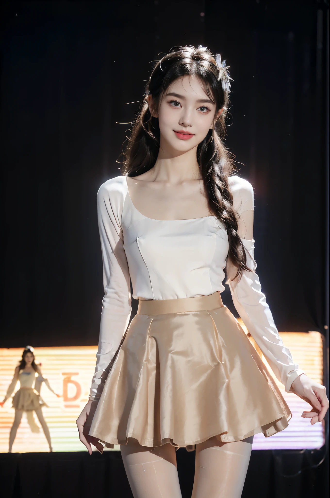 (Extremely meticulous CG),(((8k))),wallpaper,(Portrait above the chest:1.3),((Extremely refined and beautiful)),(((Masterpiece))),(((best qualtiy))),(((Ultra High Resolution))),beautiful light up,realistic shaded,(Smooth and flawless fair skin:1.5),(Extremely exquisite facial details:1.2),(ultra-detailed:1.5),((a beautiful girl,solo)),(headdress flower:1.3),(short ponytail:1.2),(small head:1.2),(slender face:1.2),(Exquisite makeup:1.3),(smiling:1.2),(laughing:1.2),(perfect body:1.1),(sleeves:1.3),(Idol costume:1.5),(skirt:1.5),(slender legs:1.3),(nude pantyhose:1.5),(sneakers:1.2),((slim,thin)),(small breasts:1.2),(flat chests:1.2),(from front:1.3),(standing:1.3),(In the theater:1.3),(on the stage:1.5),(lively atmosphere:1.3),(indoor:1.3),(colorful neon lights:1.3),(Cyberpunk style:1.3),(detailed background:1.5),(night scene:1.5),(upper body:1.3),(arms behind back:1.2)