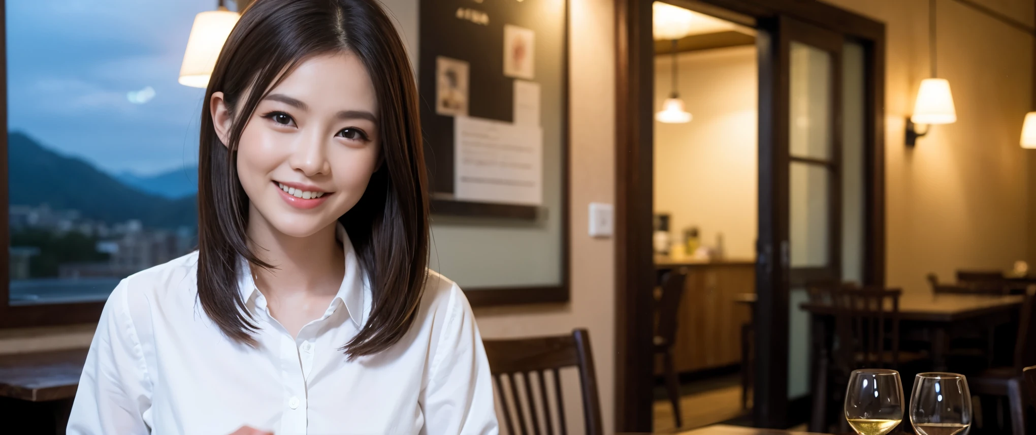 ((highest quality、8k、masterpiece:1.3))、Sharp focus:1.2、Beautiful woman perfect body:1.4、slimなボディ、((Bob Hale、Straight hair:1.2))、(to be born, highest quality, masterpiece:1.5), (Realistic, Intricate details:1.2), Ultra-high resolution, Shine light on your face、Amazing view of the sunset sky and clouds、Amazing mountain views、ニコニコ明るいsmile、smileの素敵な女性、Bright image、2. The beauty of wine, Beautiful Face, blue eyes, The light shines on your face, Blushing, short hair,Bright Face、Fox face、 (36 years old), 39 years old, Lady、red wine 、Appetizers、Italian food、Wine bottle、Champagne、sparkling wine、Two beauties、Brown Hair、Shortcuts、Long sleeve shirt、dress、Pretty Woman 1, (slimな顔), (The body is slim), (Brown Hair), (Shortcuts), cheeks turn a little red,Attractive beauty、, Out of the window, A beautiful and detailed night view unfolds.........., restaurant, In a prominent place (From the waist up) Nova Frog Style, actress, model, Upper Body, White wine, slim, wine glass, 真ん中に置かれたwine glass, smile, (smile: 1.15), Beautiful fine grain, Depth f/2,saturation, High Contrast, Strong light and shadow,Moist Body:1.5、3D texture、Delicate eyes、Brown Hair、The hair is very shiny、