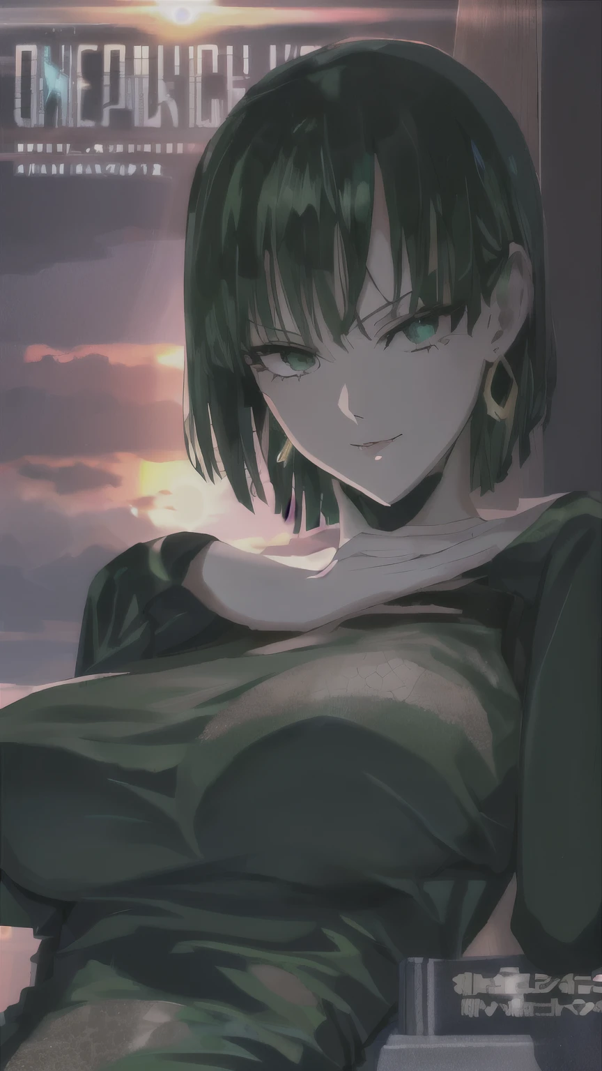 a woman in a black dress is posing for a picture, dark green hair, green eyes s, ear rings, sunset background, anime art style,