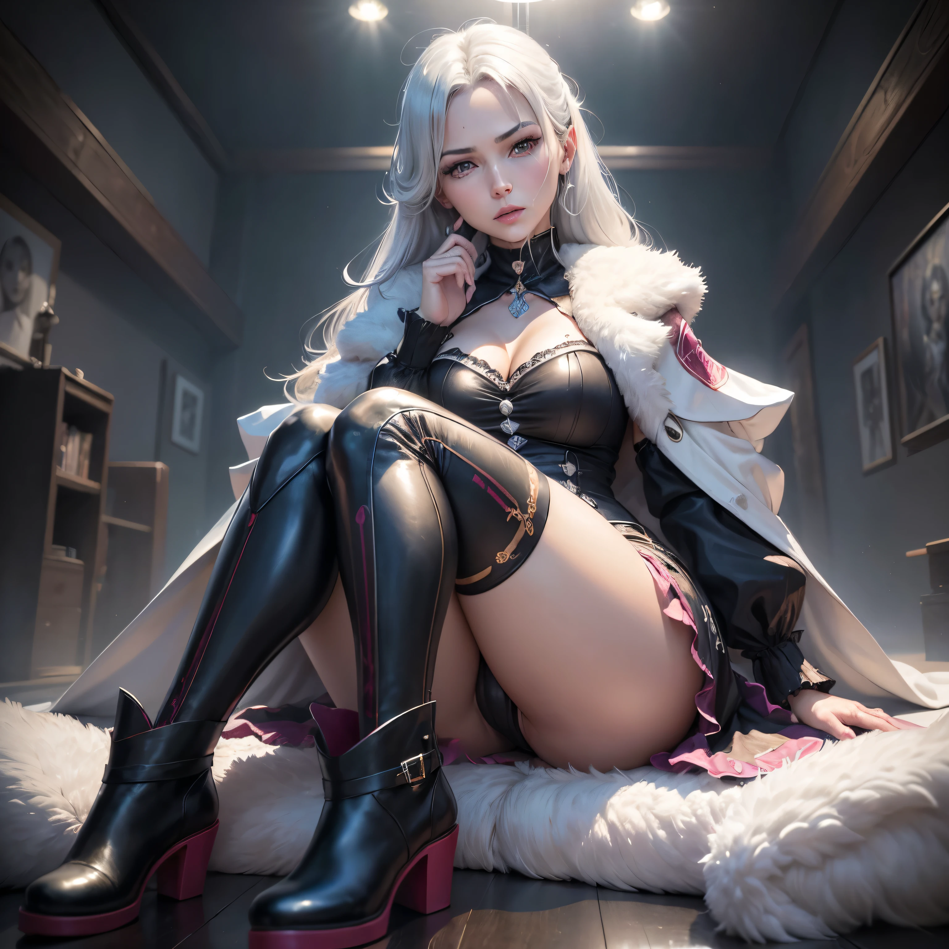 (Dramatic digital art:1.3) of,(Lively:1.3) portrait of female (Snezana Sakovich 2:1.1) Wearing a see-through kimono, Sleeping on the bed,Style - Silver Magic, Stylish girl,society,Art Station,The happi coat is open,Thin legs,short boots