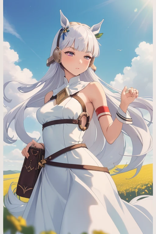 ((masterpiece, best quality)),(illustration),(detailedlight),((anextremelydelicateandbeautiful)),1girl,GodolphinArabian,long hair,white hair,green eyes,horse ears,horse girl,hair_ornament,white dress, bare shoulders, ,sleeveless,evening dress,long dress,outdoors, light,blue sky, horizon, meadow, wild