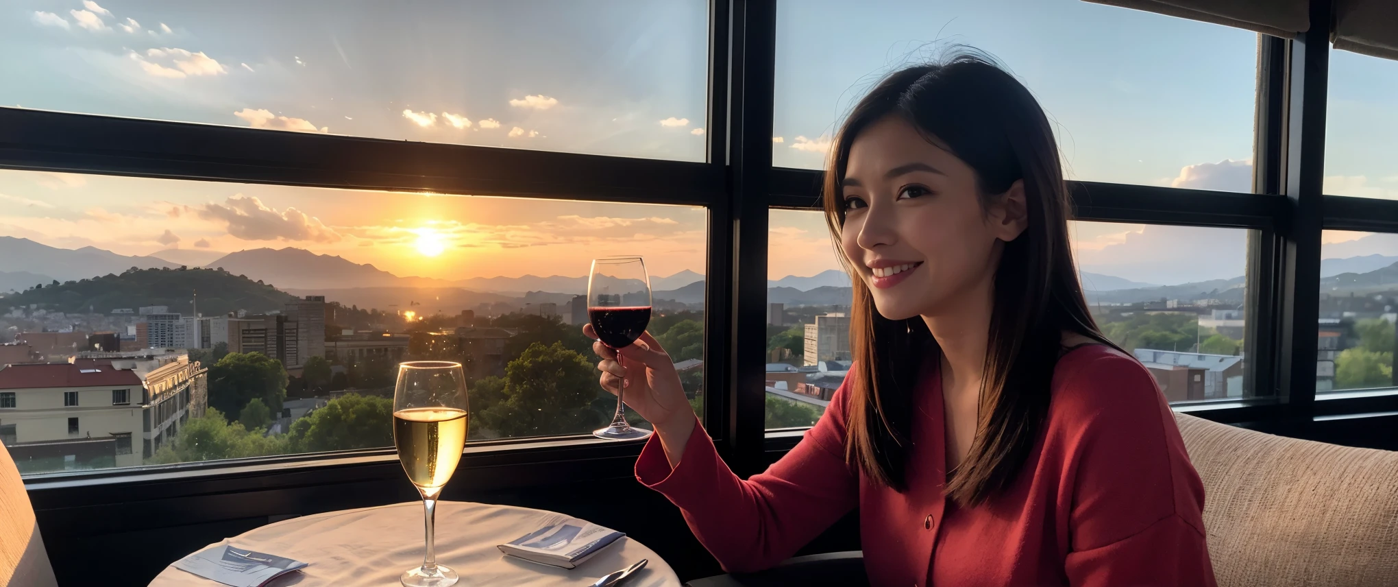 ((highest quality、8k、masterpiece:1.3))、Sharp focus:1.2、Beautiful woman perfect body:1.4、slimなボディ、((Bob Hale、Straight hair:1.2))、(to be born, highest quality, masterpiece:1.5), (Realistic, Intricate details:1.2), テーブルにwine glass、Put the light on your face、 Amazing view of the sunset sky and clouds、Amazing mountain views、ニコニコ明るいsmile、smileの素敵な女性、Bright image、2. The beauty of wine, Beautiful Face, blue eyes, The light shines on your face, Blushing, short hair,Bright Face、Fox face、 (43 years old), 39 years old, Lady、red wine 、Appetizers、Italian food、Wine bottle、Champagne、sparkling wine、Two beauties、Brown Hair、Shortcuts、Long sleeve shirt、dress、Pretty Woman 1, (slimな顔), (The body is slim), (Brown Hair), (Shortcuts), cheeks turn a little red,Attractive beauty、, Out of the window, A beautiful and detailed night view unfolds.........., restaurant, In a prominent place (From the waist up) Nova Frog Style, actress, model, Upper Body, White wine, slim, wine glass, 真ん中に置かれたwine glass, smile, (smile: 1.15), Beautiful fine grain, Depth f/2,saturation, High Contrast, Strong light and shadow,Moist Body:1.5、3D texture、Delicate eyes、Brown Hair、The hair is very shiny、