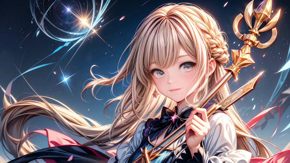 khd,Anime girl holding a wand and a star wand in her hands., portrait of magic girl, sparkling magic girl, magic , Card Captor Sakura, Anime Pine, Beautiful and detailed anime art, magic girl anime mahou shojo, Beautiful anime art style, Cute Anime Girl Portrait, carrying a magic staff, Arte Zerochan, Nice art style, This is Astral, Soft anime illustration