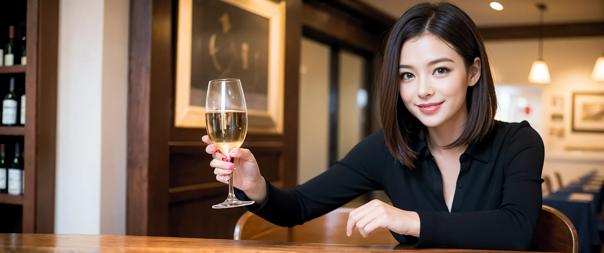 ((highest quality、8k、masterpiece:1.3))、Sharp focus:1.2、Beautiful woman perfect body:1.4、slimなボディ、((Bob Hale、Straight hair:1.2))、(to be born, highest quality, masterpiece:1.5), (Realistic, Intricate details:1.2), テーブルにwine glass、Put the light on your face、 Amazing view of the sunset sky and clouds、Amazing mountain views、ニコニコ明るいsmile、smileの素敵な女性、Bright image、2. The beauty of wine, Beautiful Face, blue eyes, The light shines on your face, Blushing, short hair,Bright Face、Fox face、 (43 years old), 39 years old, Lady、red wine 、Appetizers、Italian food、Wine bottle、Champagne、sparkling wine、Two beauties、Brown Hair、Shortcuts、Long sleeve shirt、dress、Pretty Woman 1, (slimな顔), (The body is slim), (Brown Hair), (Shortcuts), cheeks turn a little red,Attractive beauty、, Out of the window, A beautiful and detailed night view unfolds.........., restaurant, In a prominent place (From the waist up) Nova Frog Style, actress, model, Upper Body, White wine, slim, wine glass, 真ん中に置かれたwine glass, smile, (smile: 1.15), Beautiful fine grain, Depth f/2,saturation, High Contrast, Strong light and shadow,Moist Body:1.5、3D texture、Delicate eyes、Brown Hair、The hair is very shiny、
