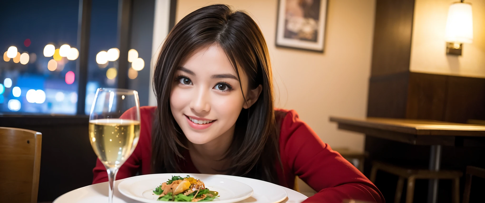 ((highest quality、8k、masterpiece:1.3))、Sharp focus:1.2、Beautiful woman perfect body:1.4、slimなボディ、((Bob Hale、Straight hair:1.2))、(to be born, highest quality, masterpiece:1.5), (Realistic, Intricate details:1.2), テーブルにwine glass、Put the light on your face、 Amazing view of the sunset sky and clouds、Amazing mountain views、ニコニコ明るいsmile、smileの素敵な女性、Bright image、2. The beauty of wine, Beautiful Face, blue eyes, The light shines on your face, Blushing, short hair,Bright Face、Fox face、 (43 years old), 39 years old, Lady、red wine 、Appetizers、Italian food、Wine bottle、Champagne、sparkling wine、Two beauties、Brown Hair、Shortcuts、Long sleeve shirt、dress、Pretty Woman 1, (slimな顔), (The body is slim), (Brown Hair), (Shortcuts), cheeks turn a little red,Attractive beauty、, Out of the window, A beautiful and detailed night view unfolds.........., restaurant, In a prominent place (From the waist up) Nova Frog Style, actress, model, Upper Body, White wine, slim, wine glass, 真ん中に置かれたwine glass, smile, (smile: 1.15), Beautiful fine grain, Depth f/2,saturation, High Contrast, Strong light and shadow,Moist Body:1.5、3D texture、Delicate eyes、Brown Hair、The hair is very shiny、