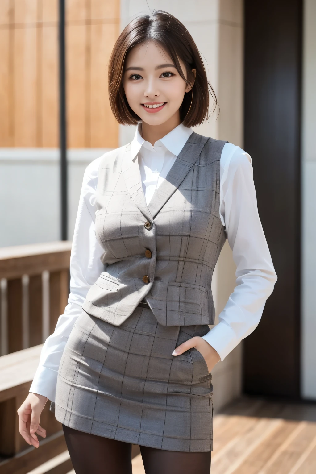 (((masterpiece))), (((highest quality: 1.4))), ((Super Detail: 1.4)) ,ulzzang-6500-v1.1, (RAW Photos:1.2), (Photorealistic),(Genuine: 1.4), (Mastepiece), highest quality, shape, Very detailed, finely, High resolution, 8k wallpaper, 完璧なダイナミックな構shape, Beautiful and detailed, (Plaid vest), , A tough challenge, (Ultra-realistic pantyhose:1.2), Skirt and medium hair,, Natural color lip, Bold sexy pose, (A very loving smile:1.2)、23-year-old woman、cute、sexy shot looking at camera, Realistic skin texture、Shiny skin、Exposed thighs!!! (Full Body Shot:1.3),Natural Skin Shader, Volumetric, Warm shades beneath her skin, 