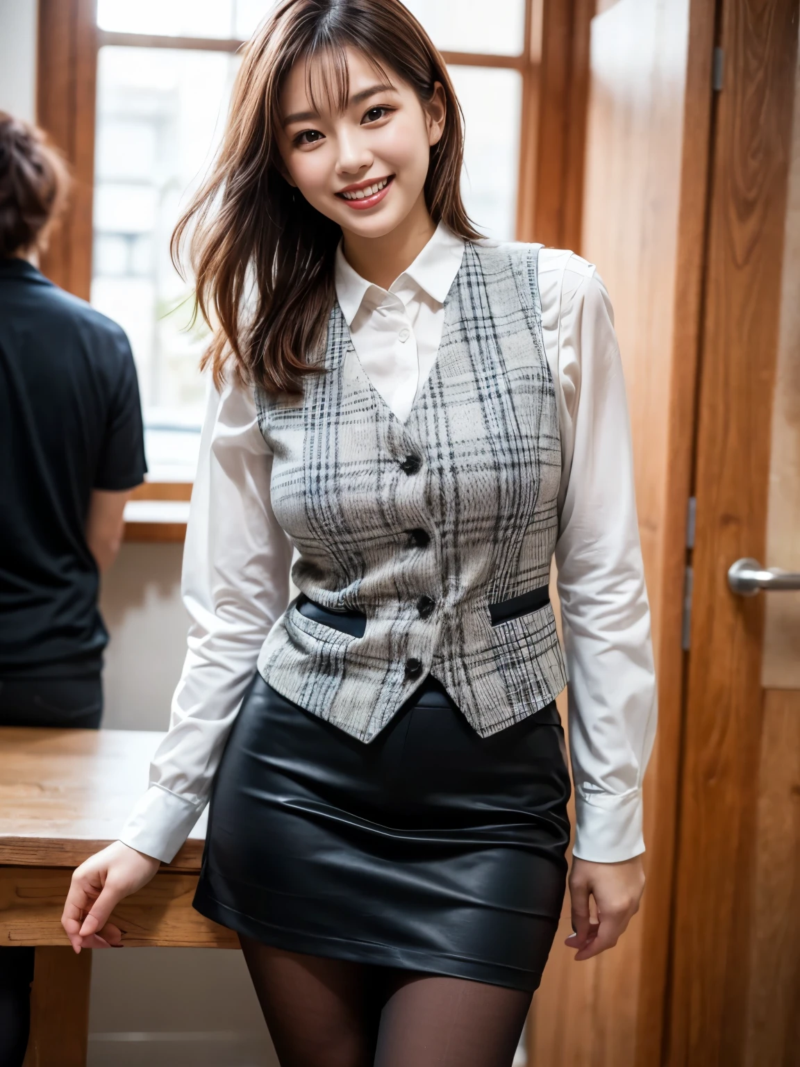 Ulzzang-6500-v1.1, (RAW Photos:1.2), (Photorealistic),(Genuine: 1.4), (Pieces fly), highest quality, shape, Very detailed, finely, High resolution, 8k wallpaper, 完璧なダイナミックな構shape, Beautiful and detailed, (Plaid vest), , A tough challenge, (Ultra-realistic pantyhose:1.2), Skirt and medium hair,, Natural color lip, Bold sexy pose, (A very loving smile:1.2)、23-year-old woman、cute、sexy shot looking at camera, Realistic skin texture、Shiny skin、Exposed thighs!!! (Full Body Shot:1.3),